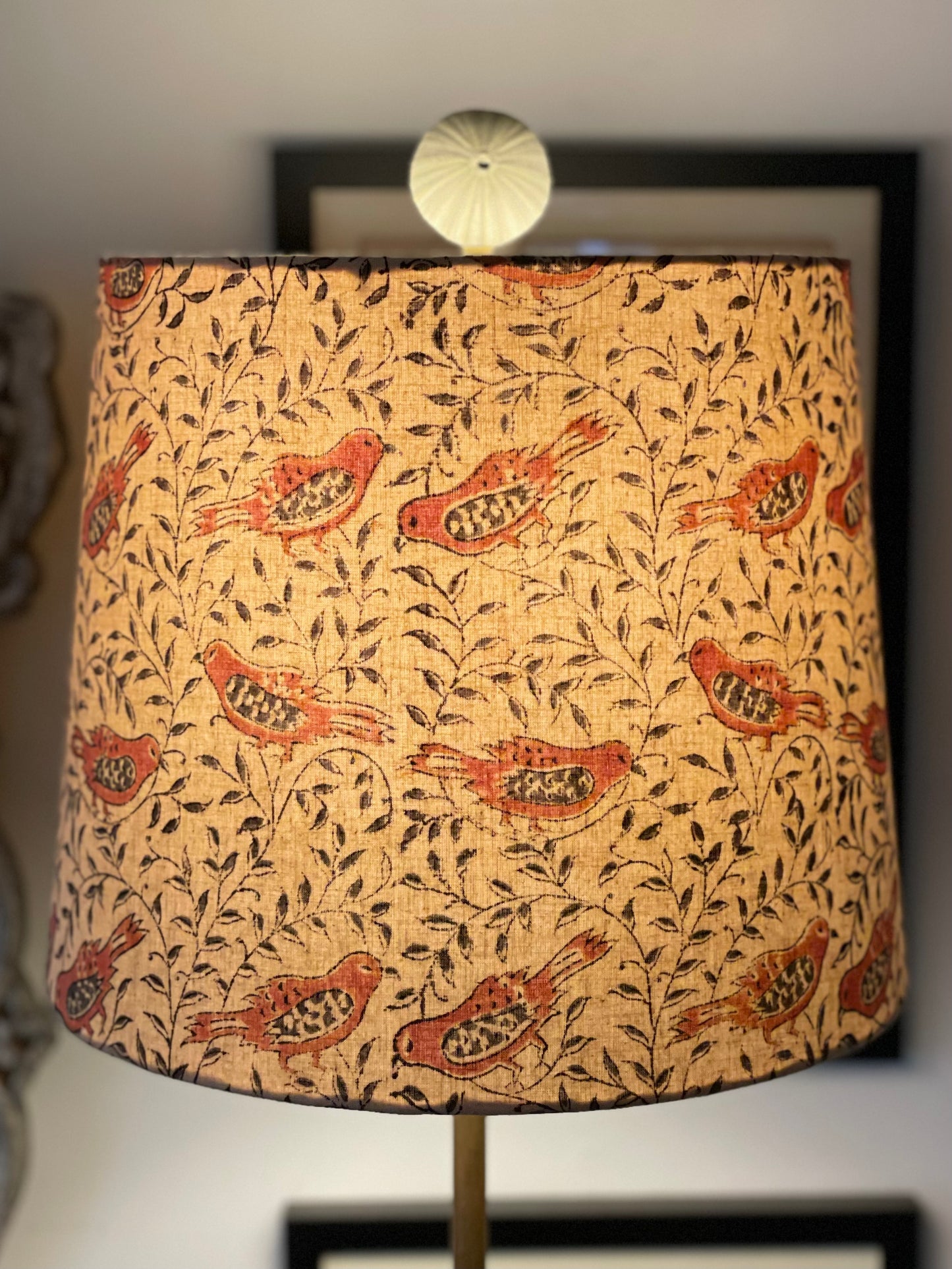 Medium Empire Lampshade. Parchment, with Light Tuscan Red and Greyish-Green Bird Motif. Kalamkari Hand Block Print.