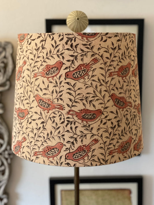 Medium Empire Lampshade. Parchment, with Light Tuscan Red and Greyish-Green Bird Motif. Kalamkari Hand Block Print.