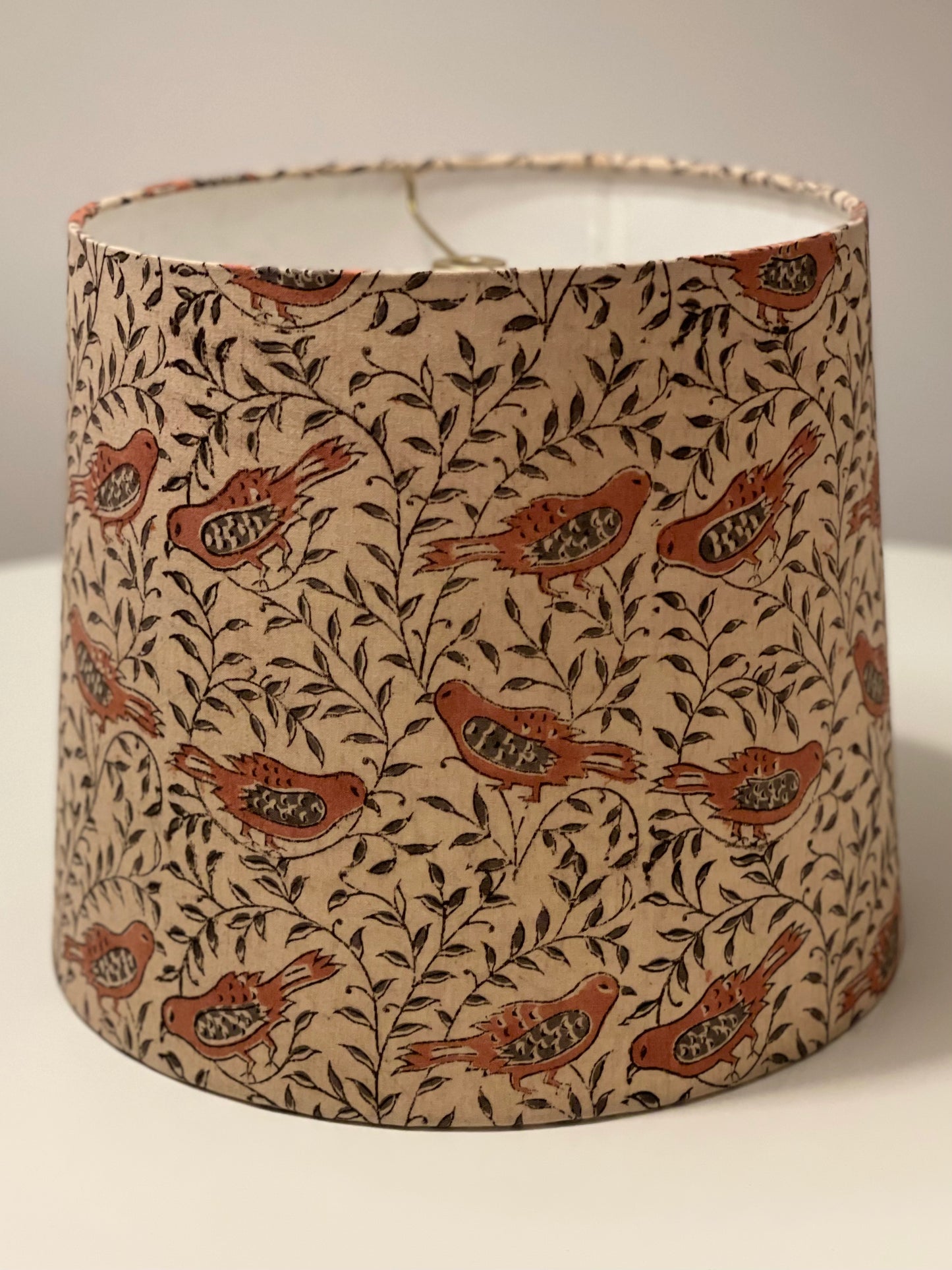 Medium Empire Lampshade. Parchment, with Light Tuscan Red and Greyish-Green Bird Motif. Kalamkari Hand Block Print.