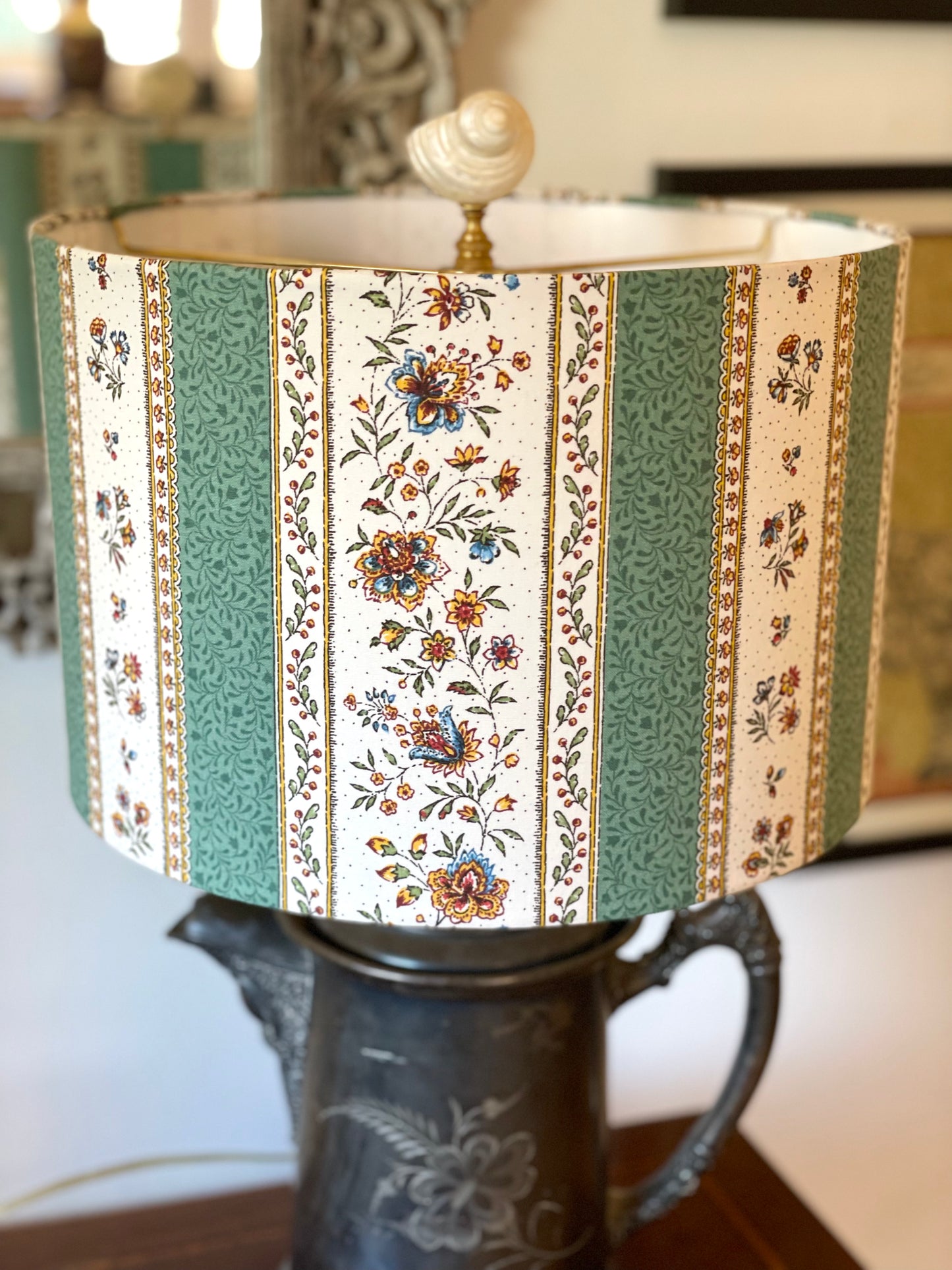 12 Inch Drum Shade. French Jacquard. Provençe Stripe "Gordes" Green.