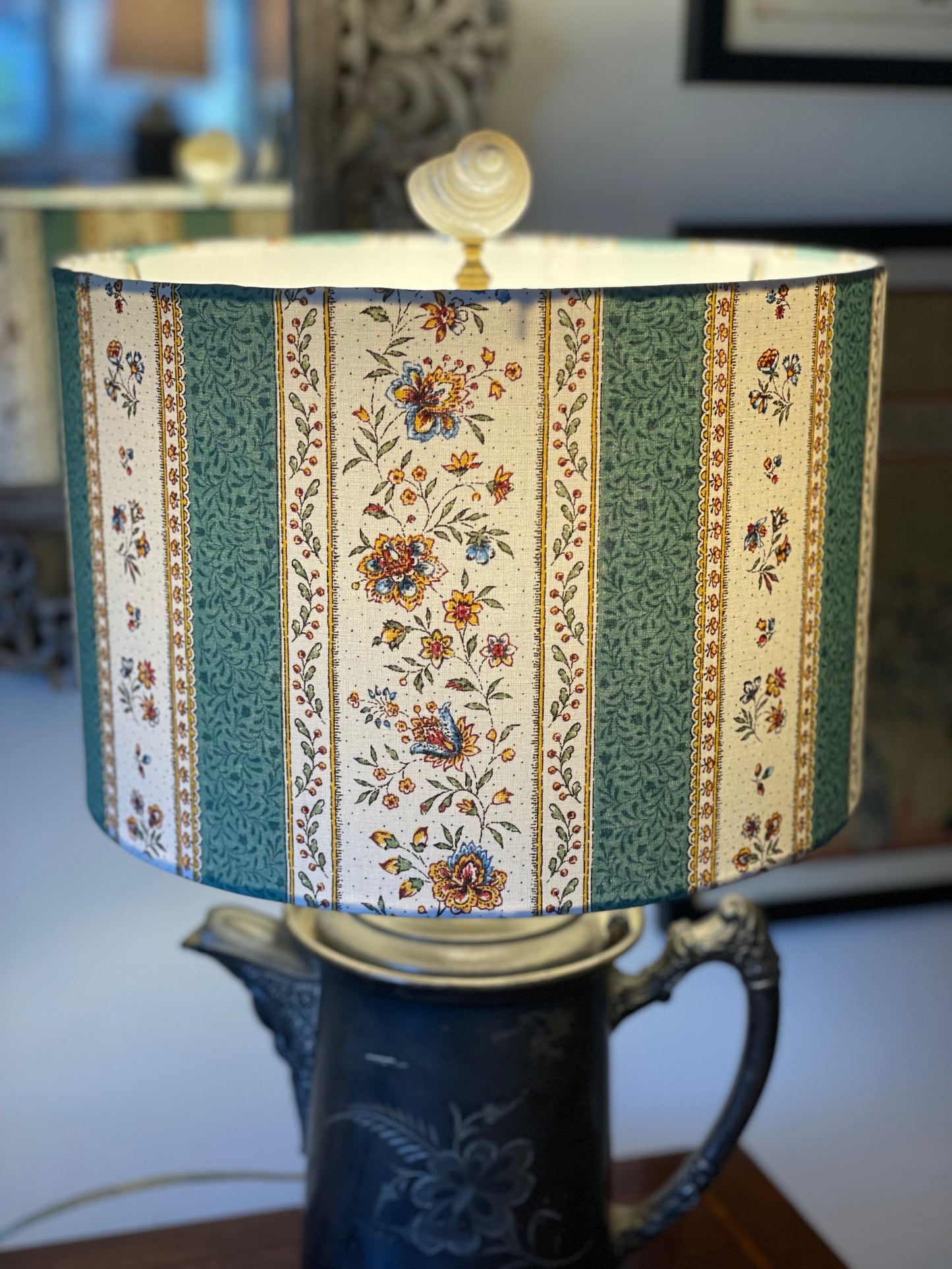 12 Inch Drum Shade. French Jacquard. Provençe Stripe "Gordes" Green.