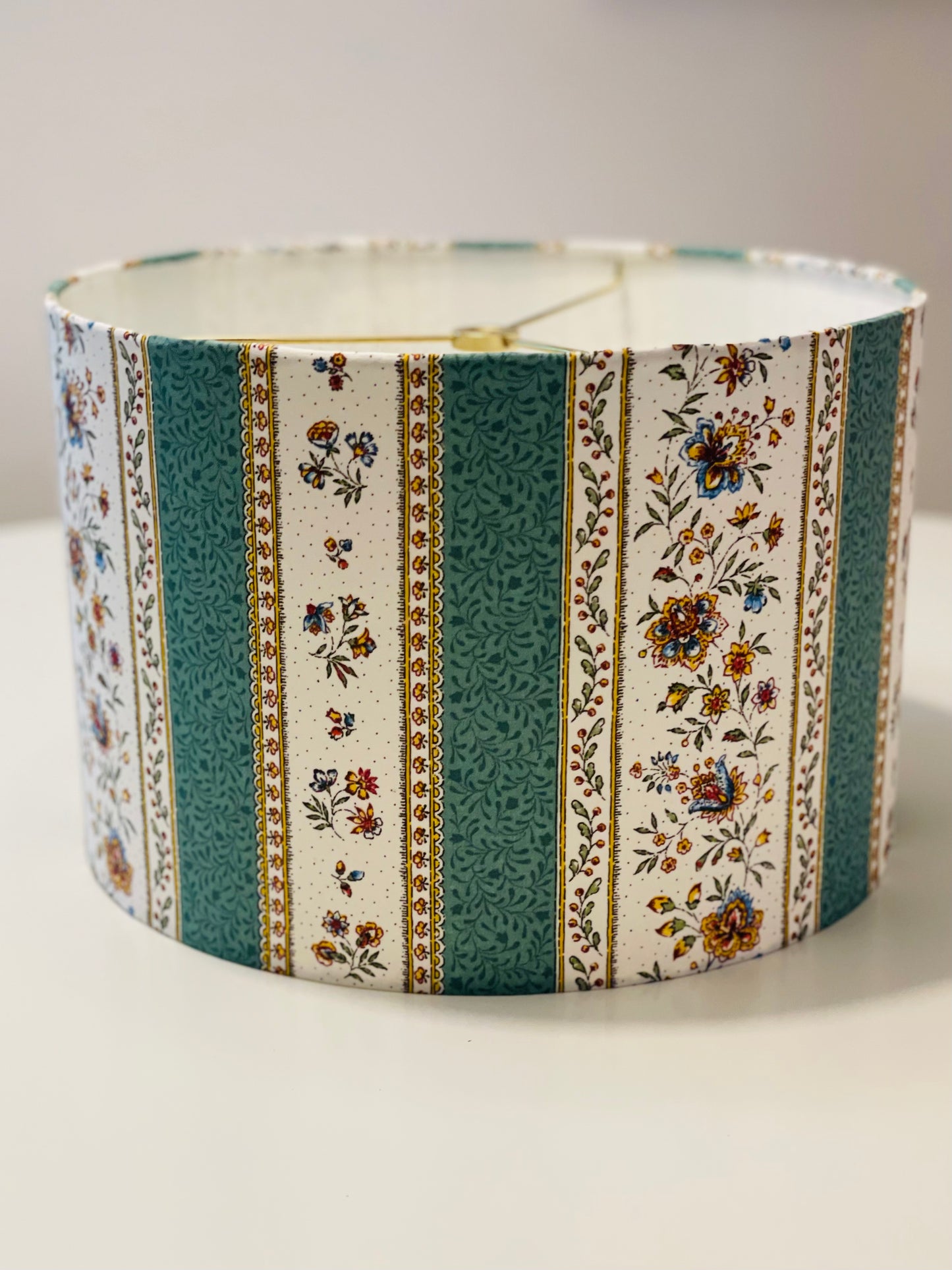 12 Inch Drum Shade. French Jacquard. Provençe Stripe "Gordes" Green.