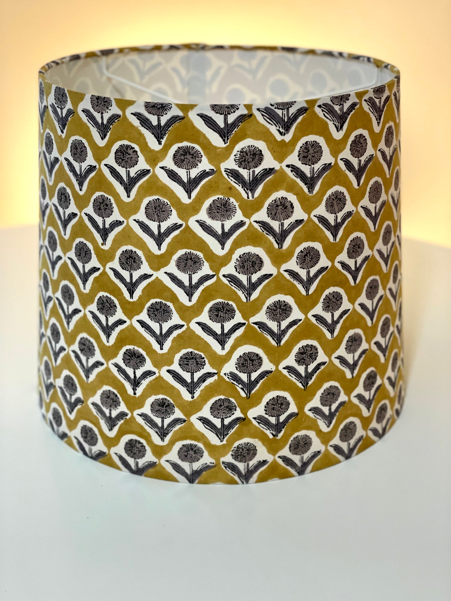 Large Empire Shade. 11.75 x 13.75 x 11.75. Indian Block print from Jaipur. Harvest Gold with Black and Gray Floral Motif.