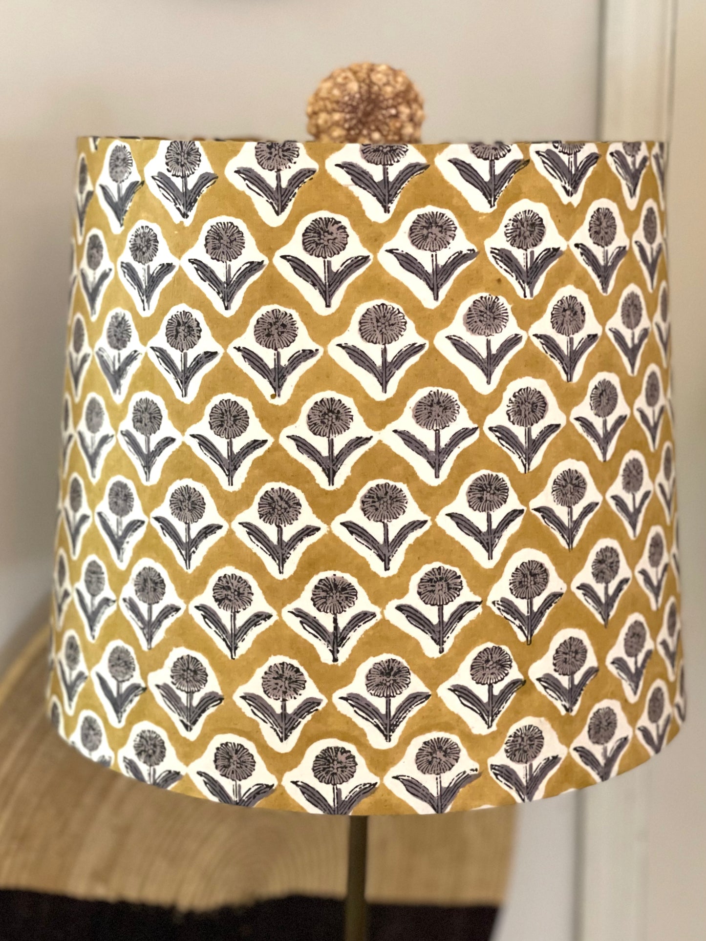 Large Empire Shade. 11.75 x 13.75 x 11.75. Indian Block print from Jaipur. Harvest Gold with Black and Gray Floral Motif.