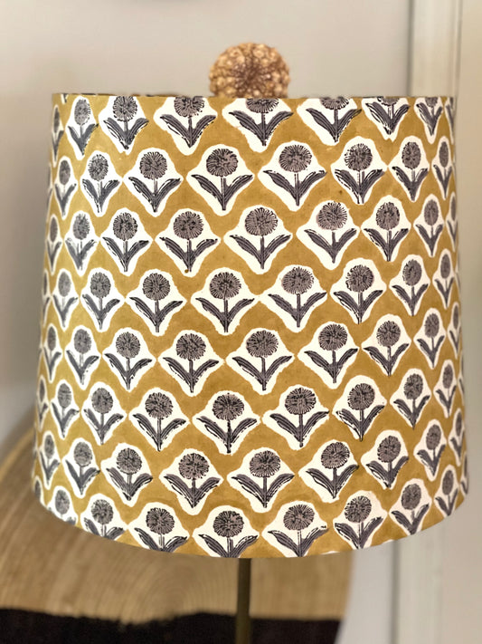 Large Empire Shade. 11.75 x 13.75 x 11.75. Indian Block print from Jaipur. Harvest Gold with Black and Gray Floral Motif.