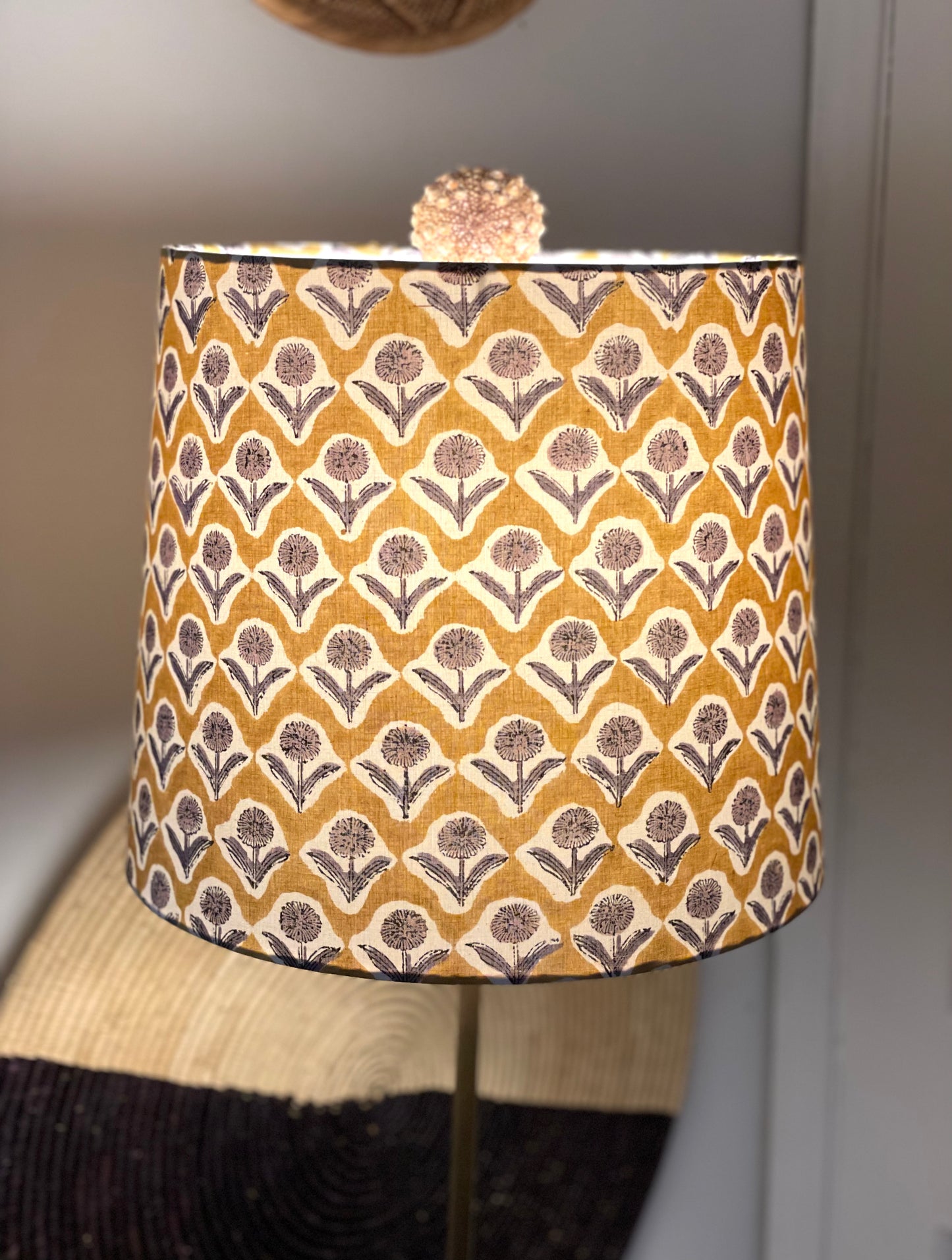 Large Empire Shade. 11.75 x 13.75 x 11.75. Indian Block print from Jaipur. Harvest Gold with Black and Gray Floral Motif.