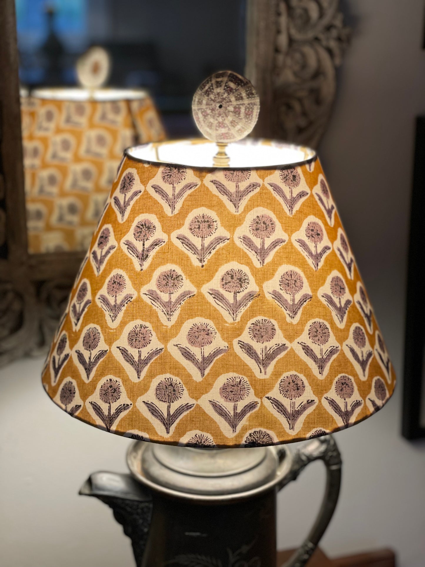 Small Conical Lampshade. Indian Block print from Jaipur. Harvest Gold with Black and Gray Floral Motif.