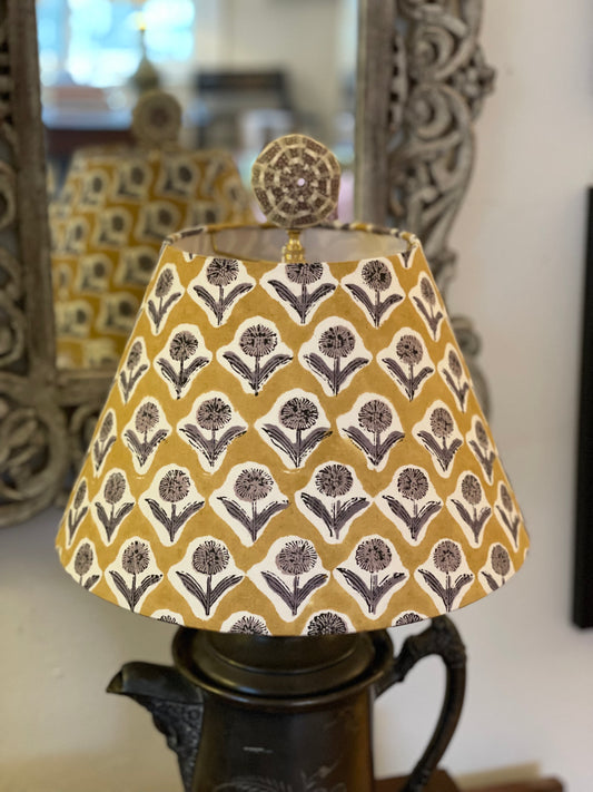Small Conical Lampshade. Indian Block print from Jaipur. Harvest Gold with Black and Gray Floral Motif.