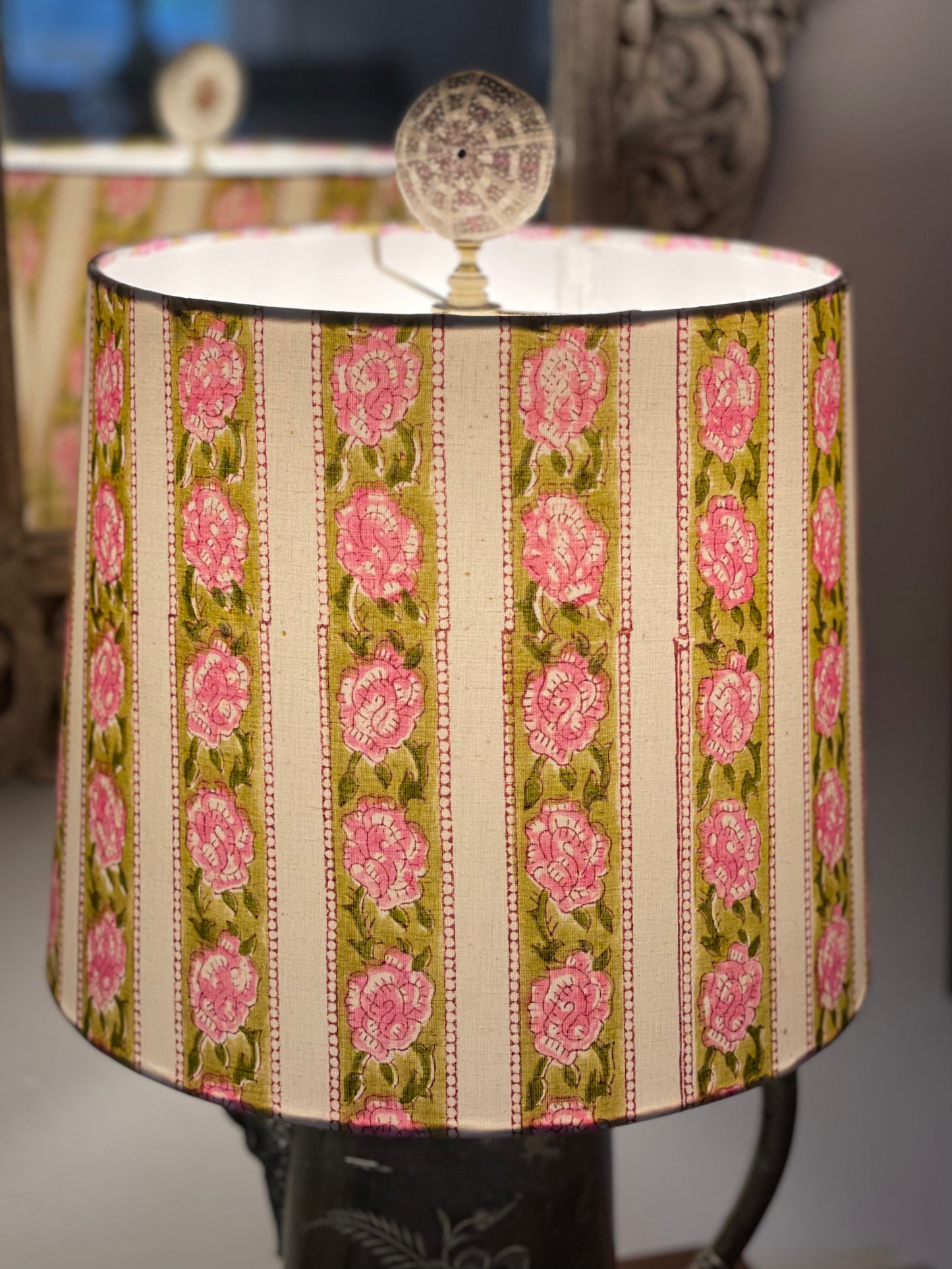 Medium Empire Lampshade. Sanganeri Block Print from India. Ivory and Rose Floral Stripe.