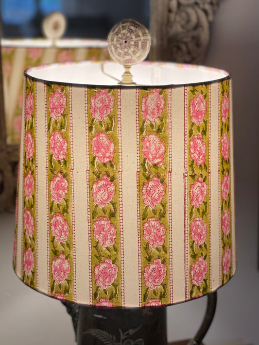 Medium Empire Lampshade. Sanganeri Block Print from India. Ivory and Rose Floral Stripe.