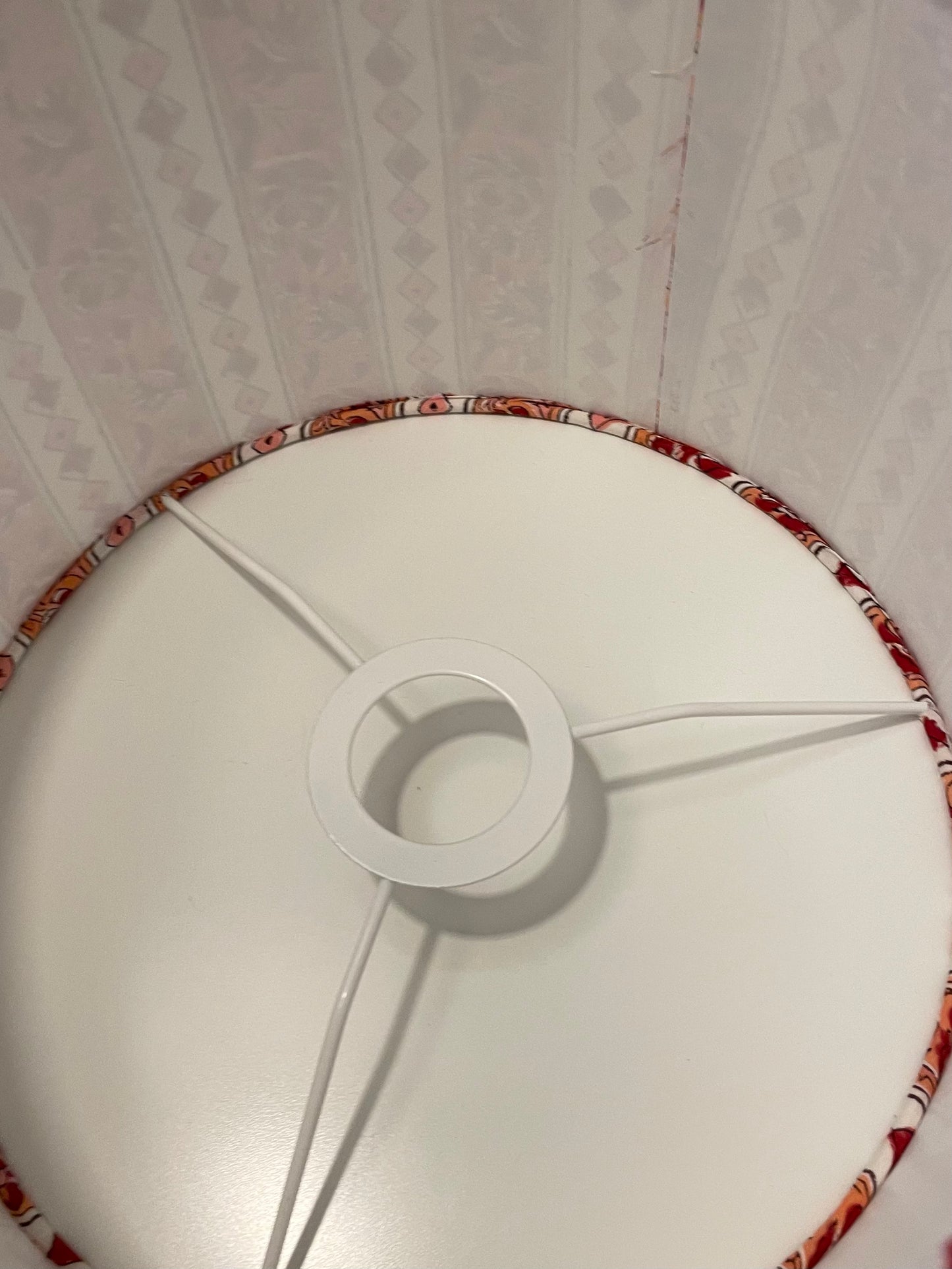 10 inch Drum Lampshade. Sanganeri Block Print from India. Shades of Rose and Warm Pink Stripes.