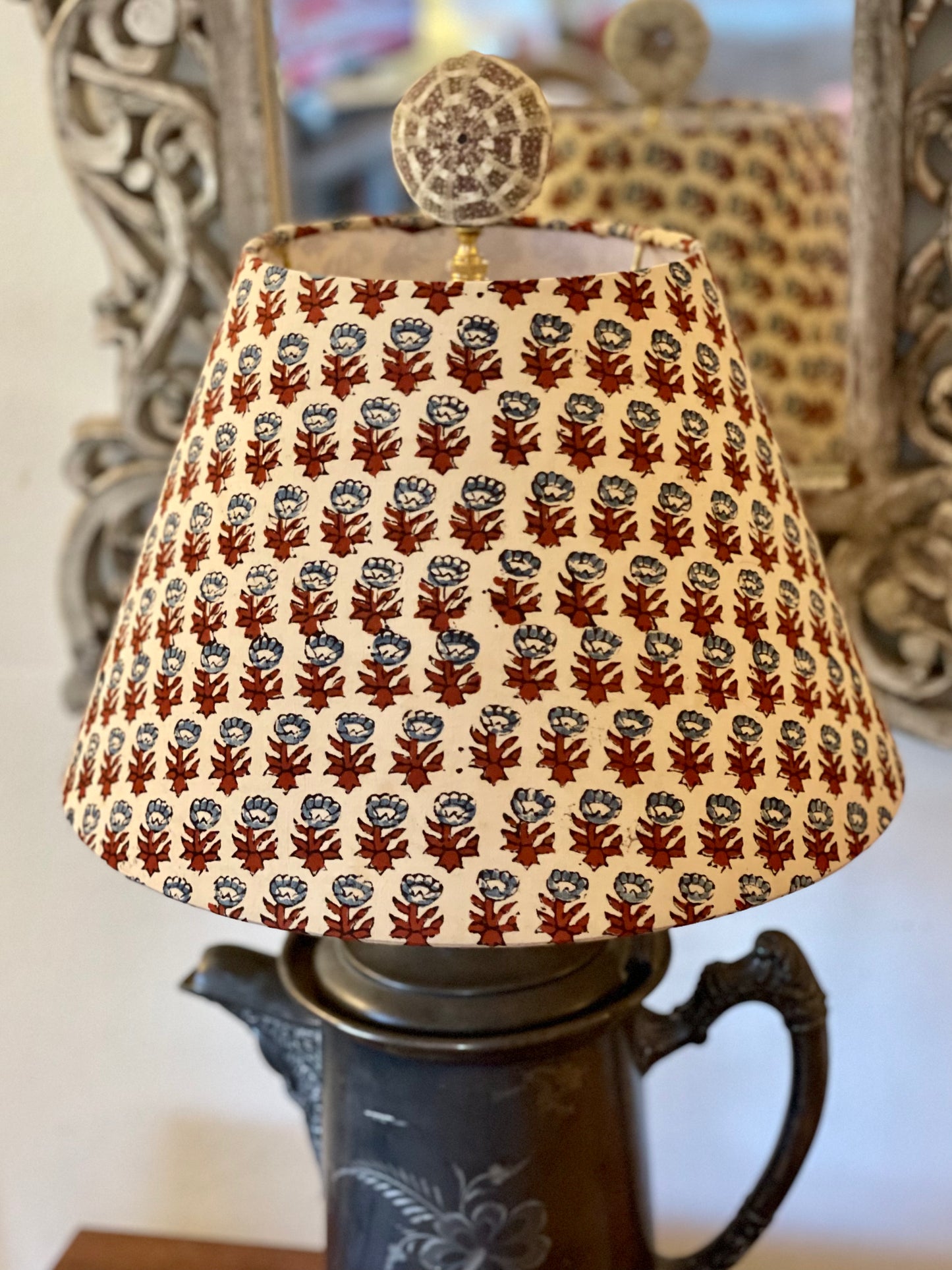 Small Conical Lampshade. Sanganeri Hand Block print from India. Slate Blue and Deep Scarlet Floral on Ivory.