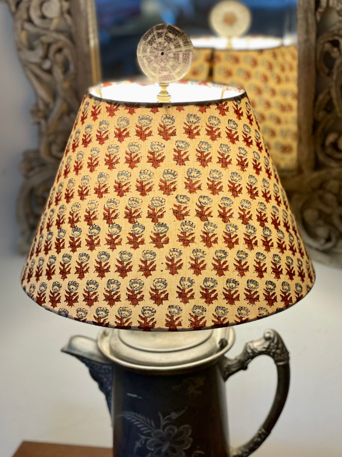 Small Conical Lampshade. Sanganeri Hand Block print from India. Slate Blue and Deep Scarlet Floral on Ivory.