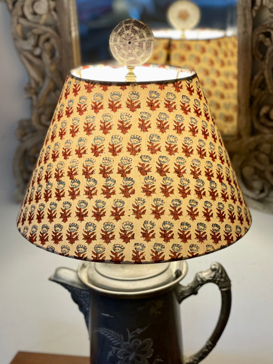 Small Conical Lampshade. Sanganeri Hand Block print from India. Slate Blue and Deep Scarlet Floral on Ivory.