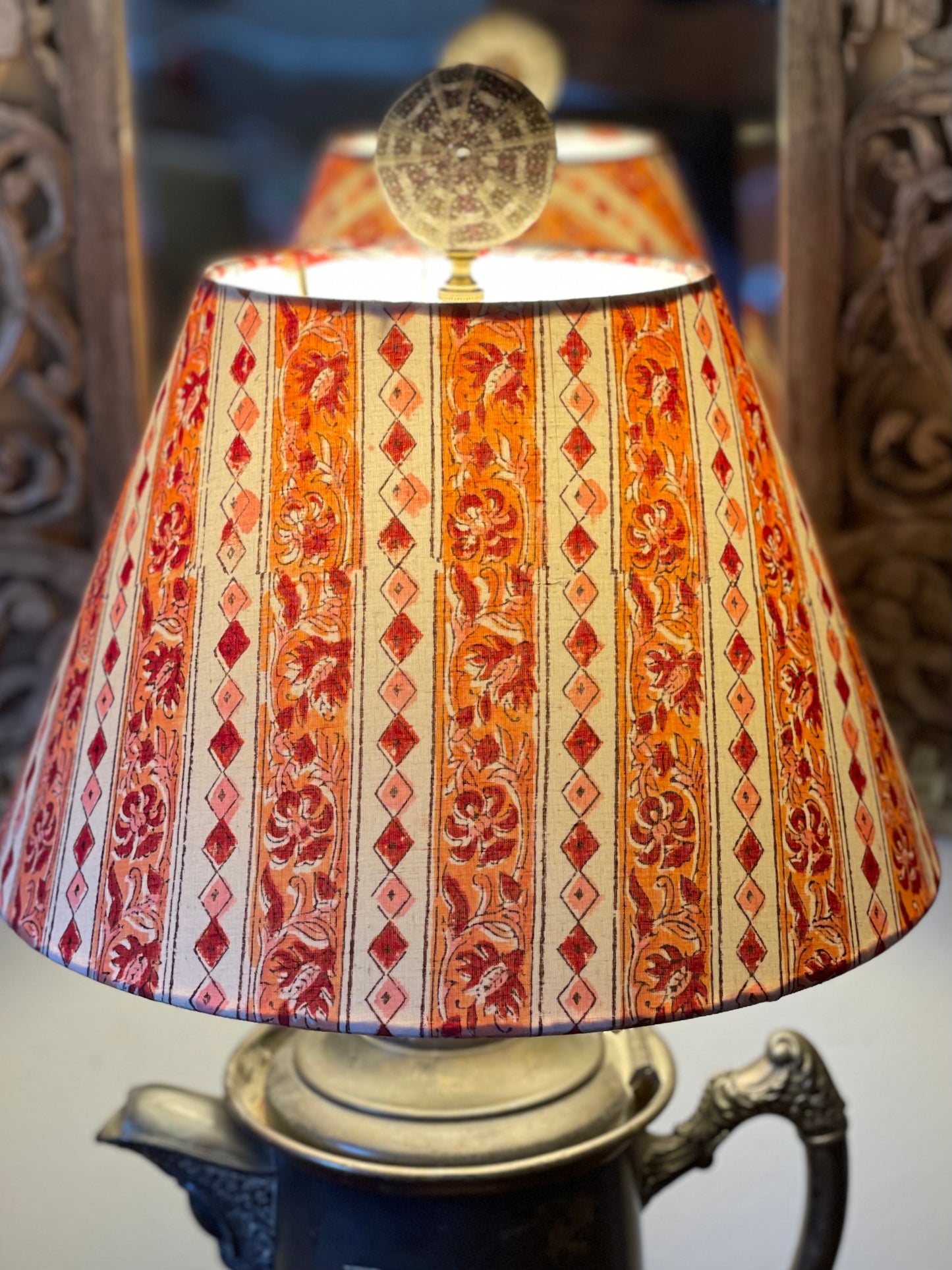 Small Conical Lampshade. Sanganeri Block Print from India. Shades of Rose and Warm Pink Stripes.
