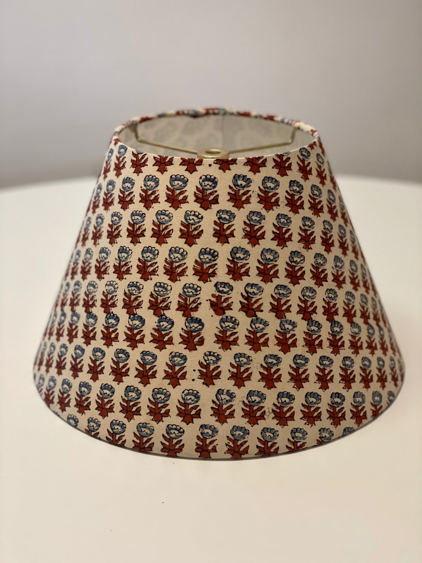 Small Conical Lampshade. Sanganeri Hand Block print from India. Slate Blue and Deep Scarlet Floral on Ivory.