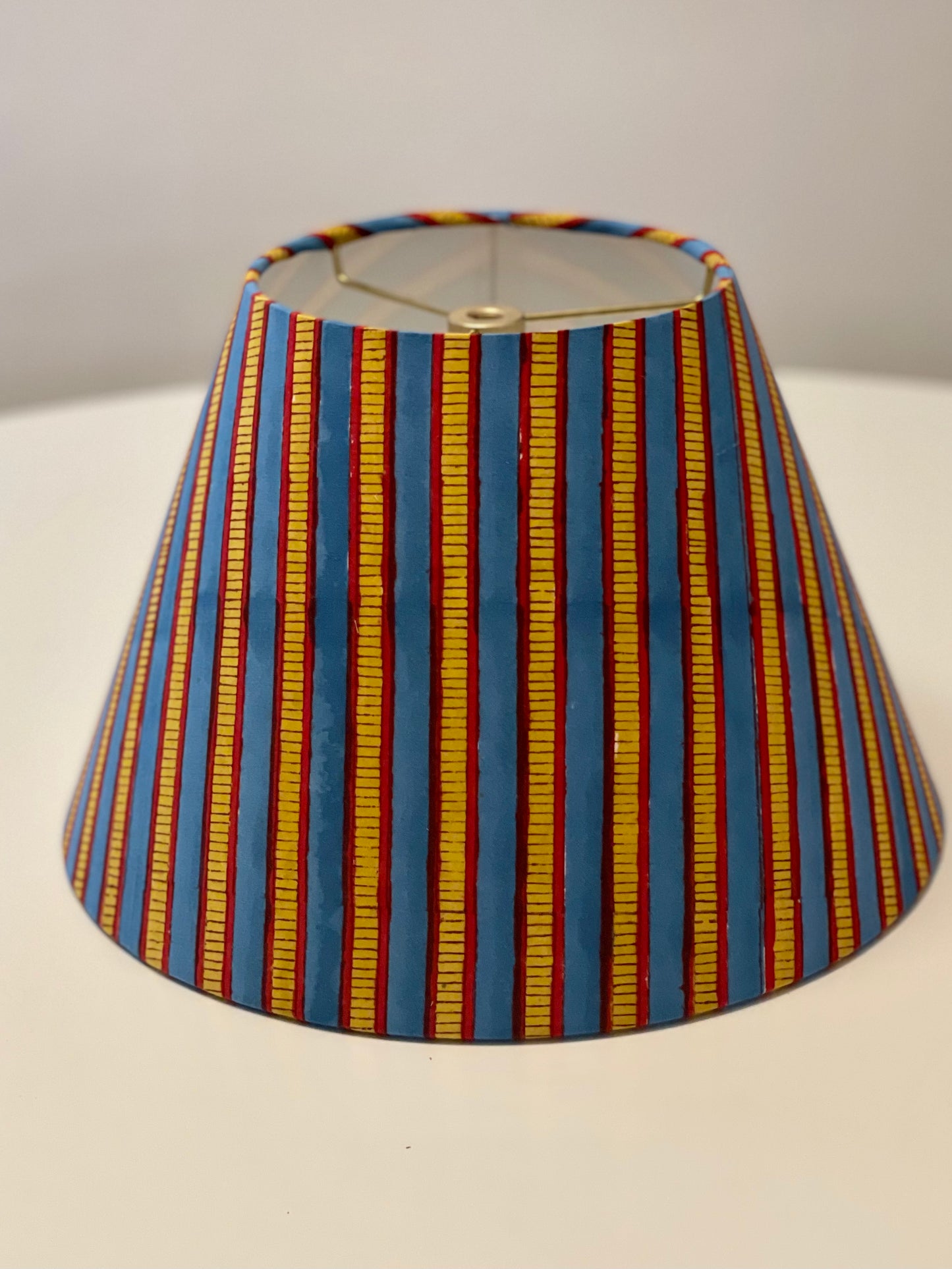 Small Conical Lampshade. Sanganeri Block Print from India. Azure Blue, Mustard, and Maroon Stripe.