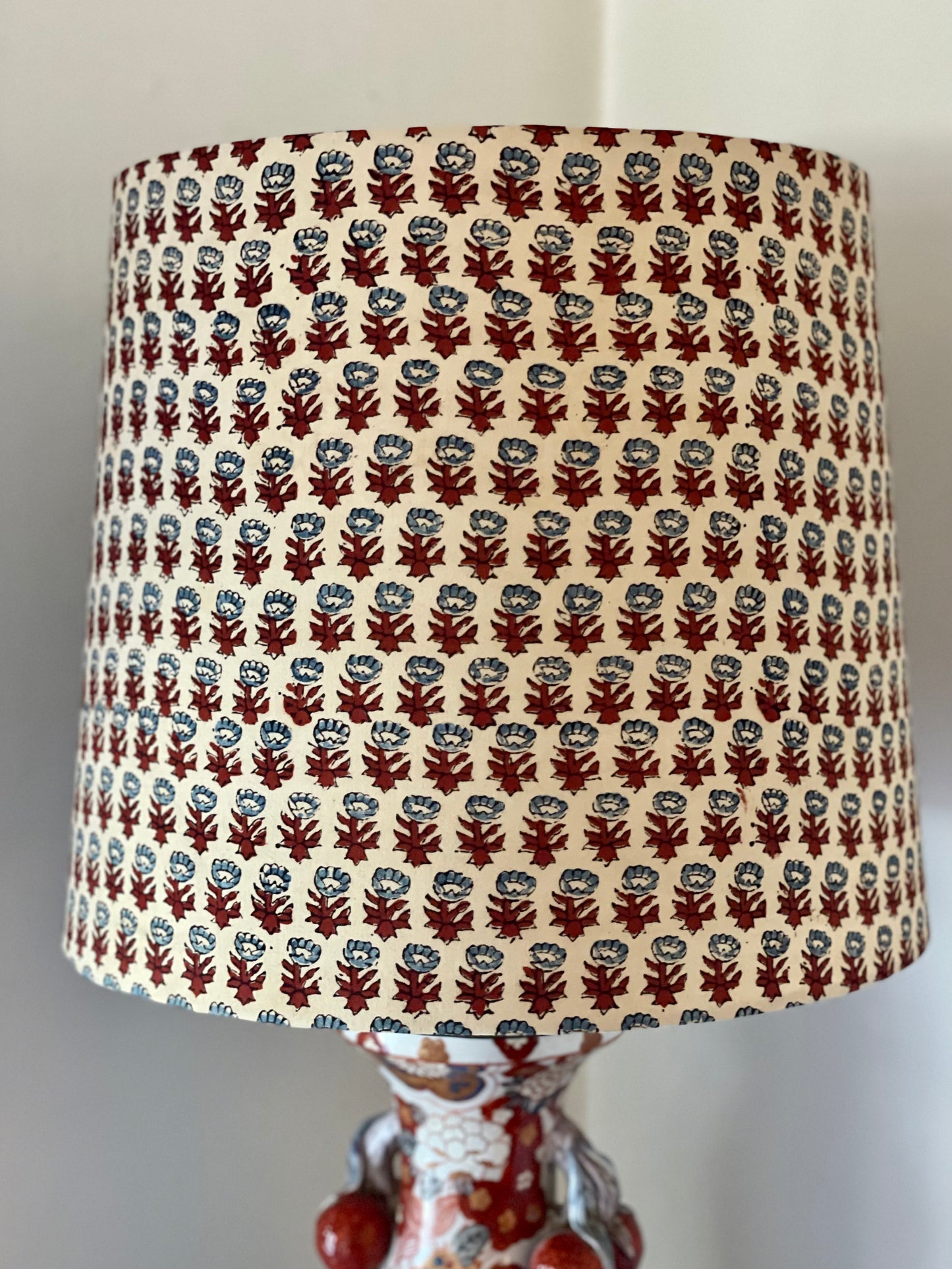 Large Empire Shade. 11.75 x 13.75 x 11.75. Sanganeri Hand Block print from India. Slate Blue and Deep Scarlet Floral on Ivory.