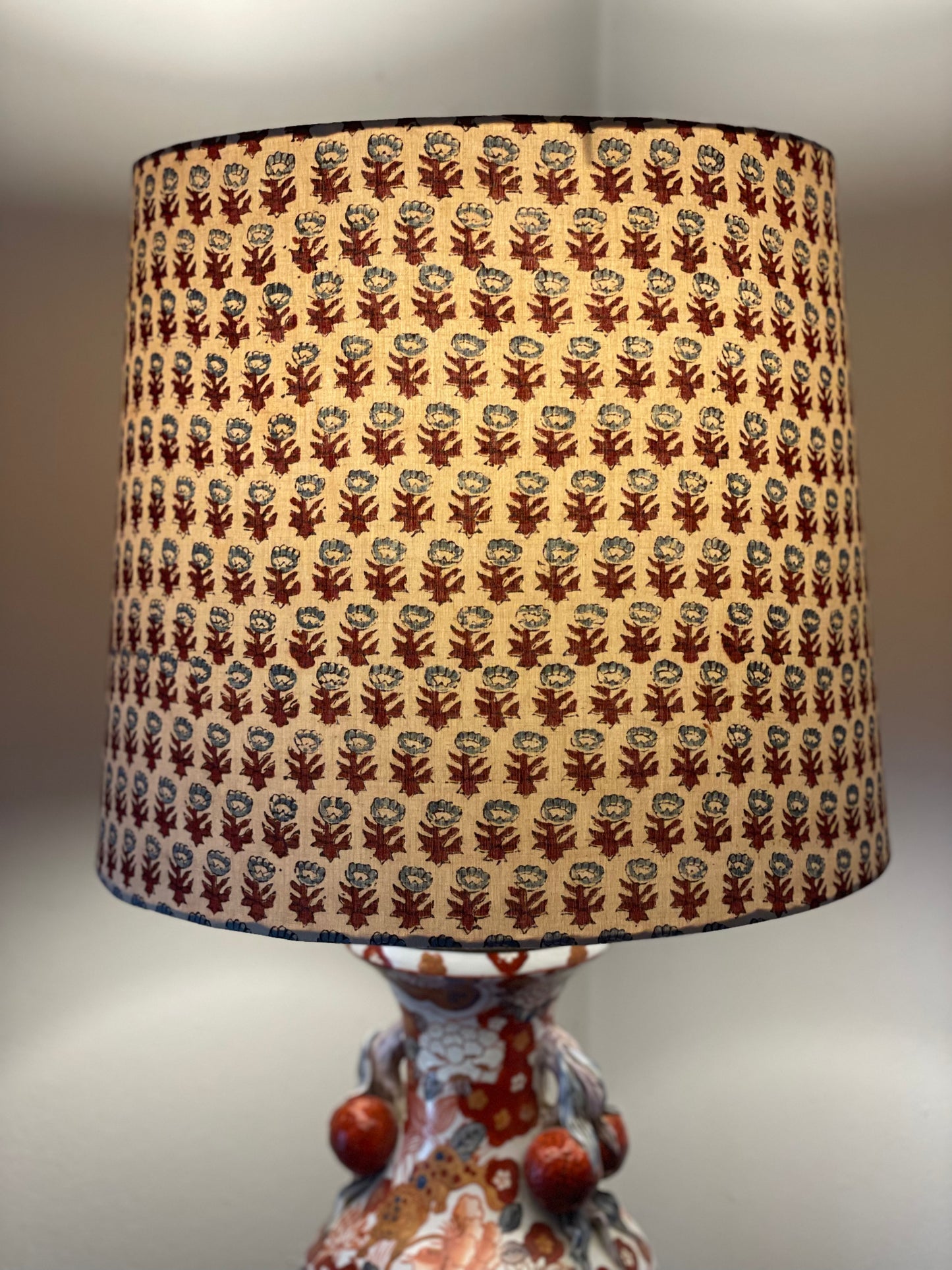 Large Empire Shade. 11.75 x 13.75 x 11.75. Sanganeri Hand Block print from India. Slate Blue and Deep Scarlet Floral on Ivory.