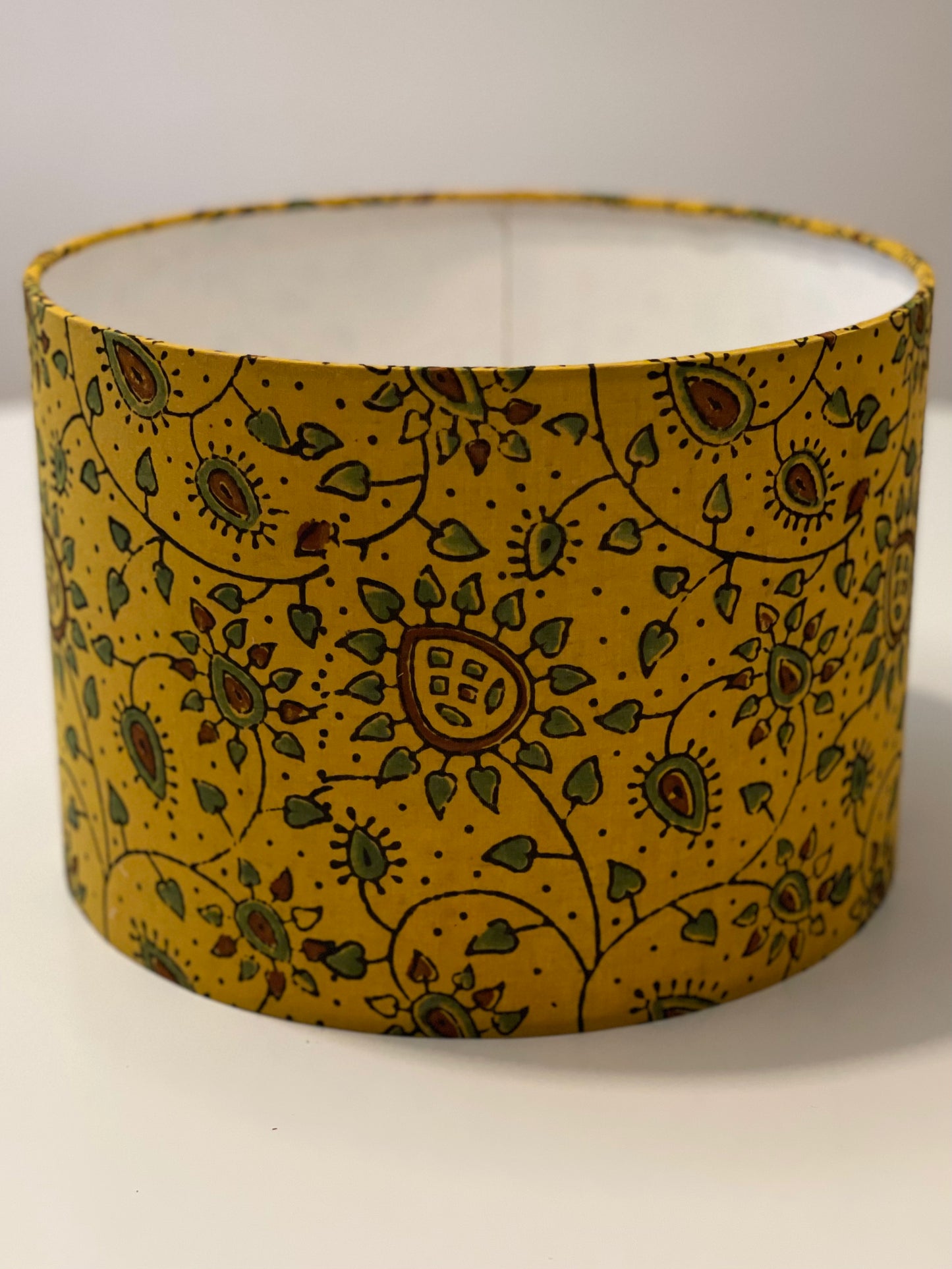 10 inch Drum Lampshade. Ajrakh Hand Block Print from India. Saffron, Olive, and Russet.