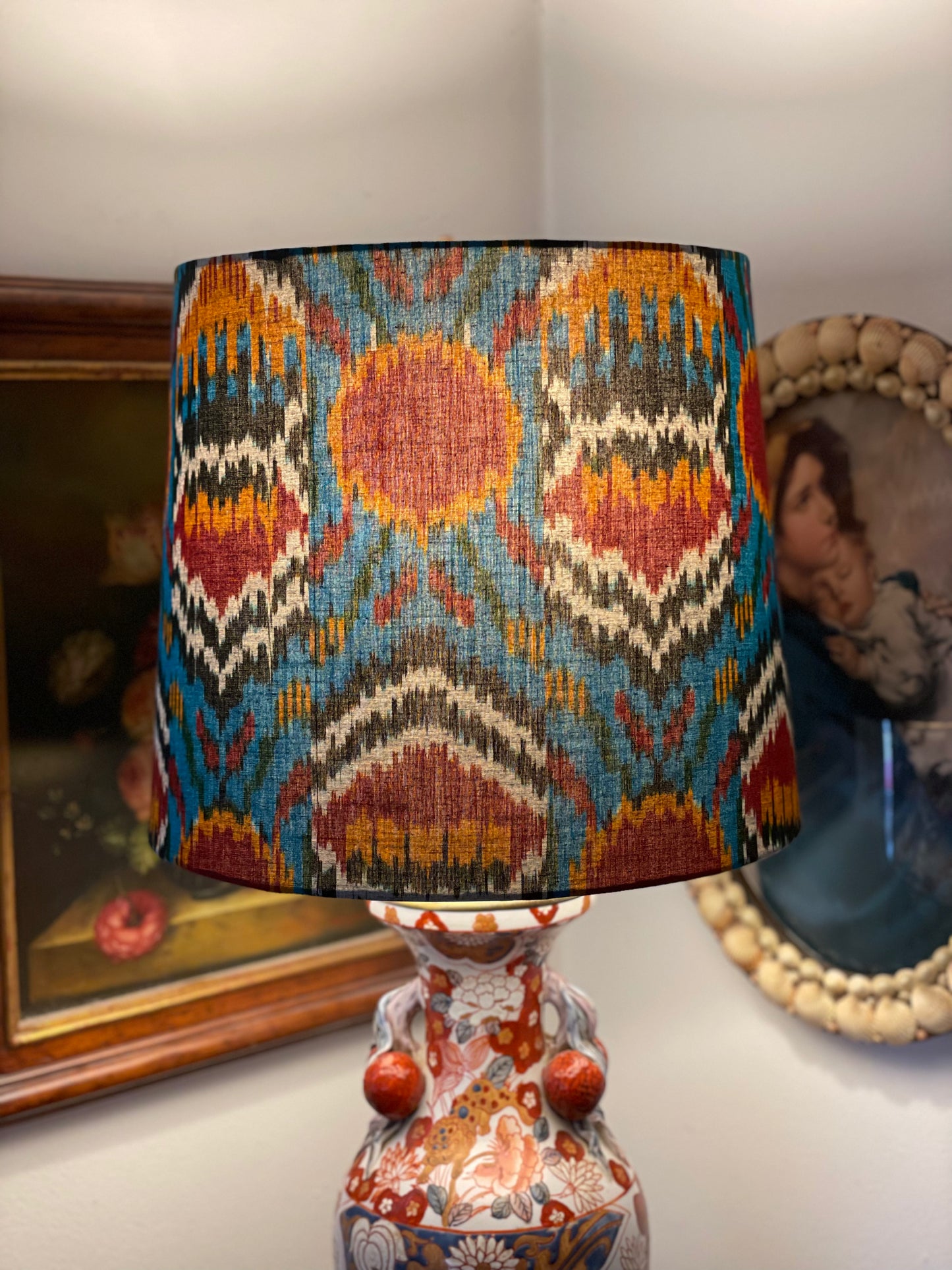 Large Empire Shade. 11.75 x 13.75 x 11.75. Central Asian Style Handwoven Ikat from India. Teal, Maroon, Ginger.