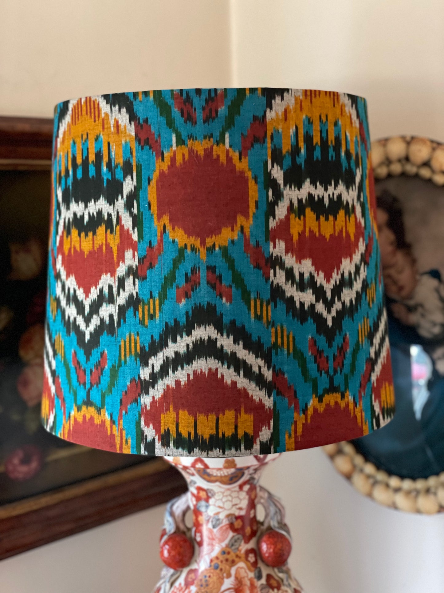 Large Empire Shade. 11.75 x 13.75 x 11.75. Central Asian Style Handwoven Ikat from India. Teal, Maroon, Ginger.