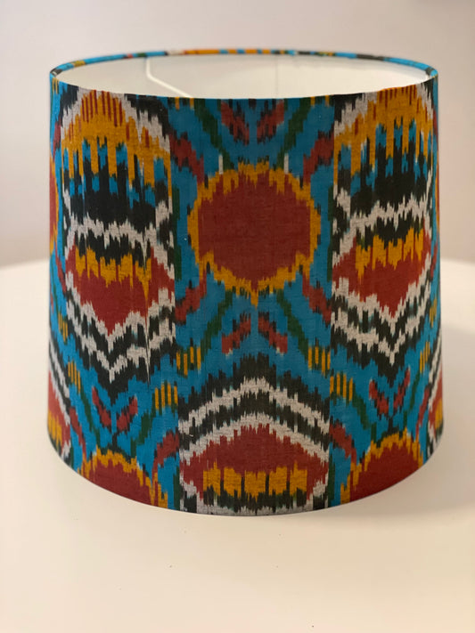 Large Empire Shade. 11.75 x 13.75 x 11.75. Central Asian Style Handwoven Ikat from India. Teal, Maroon, Ginger.