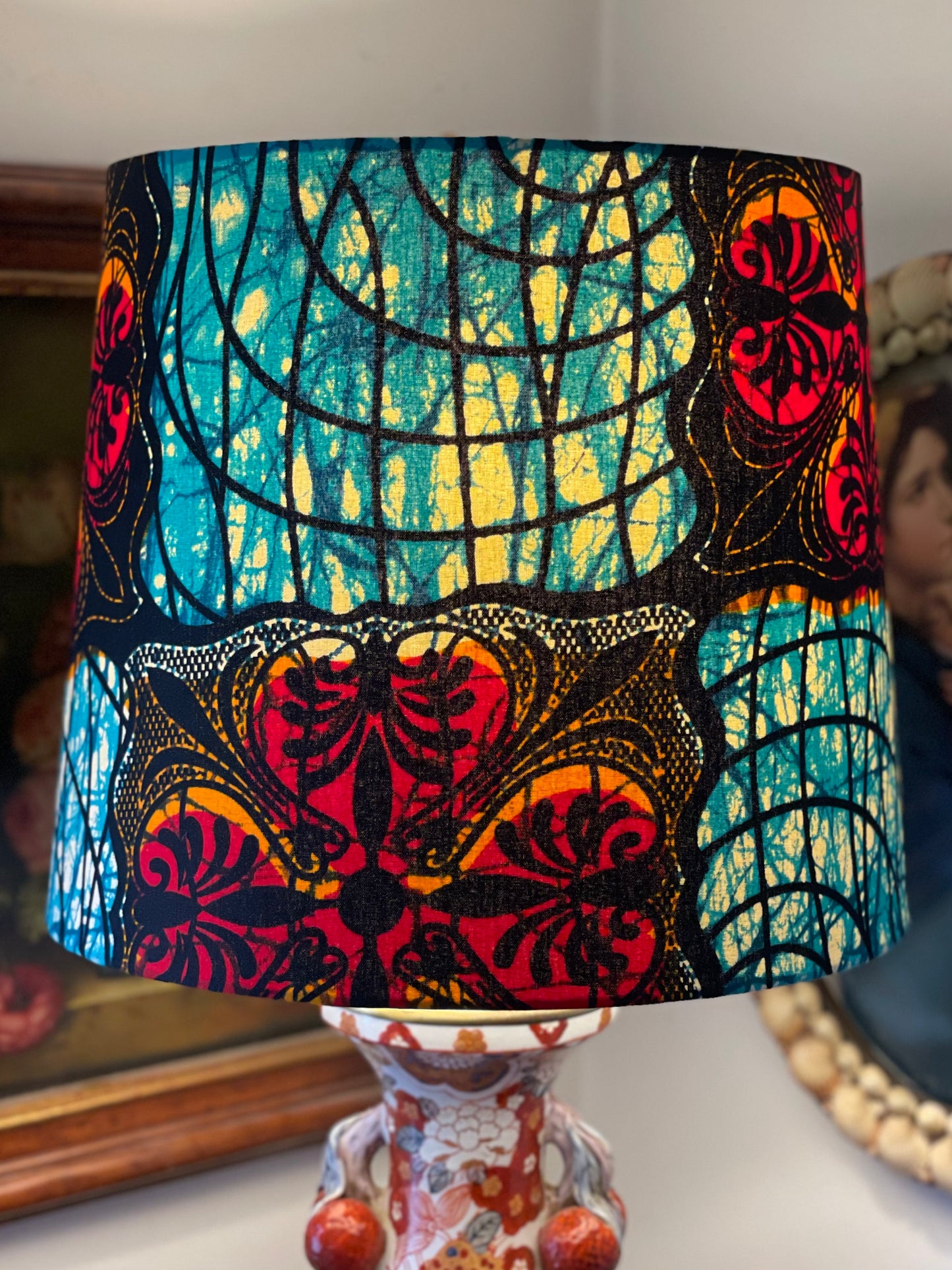 Large Empire Shade. 11.75 x 13.75 x 11.75. West African Ankara Fabric. Turquoise, Flame Orange, Licorice.