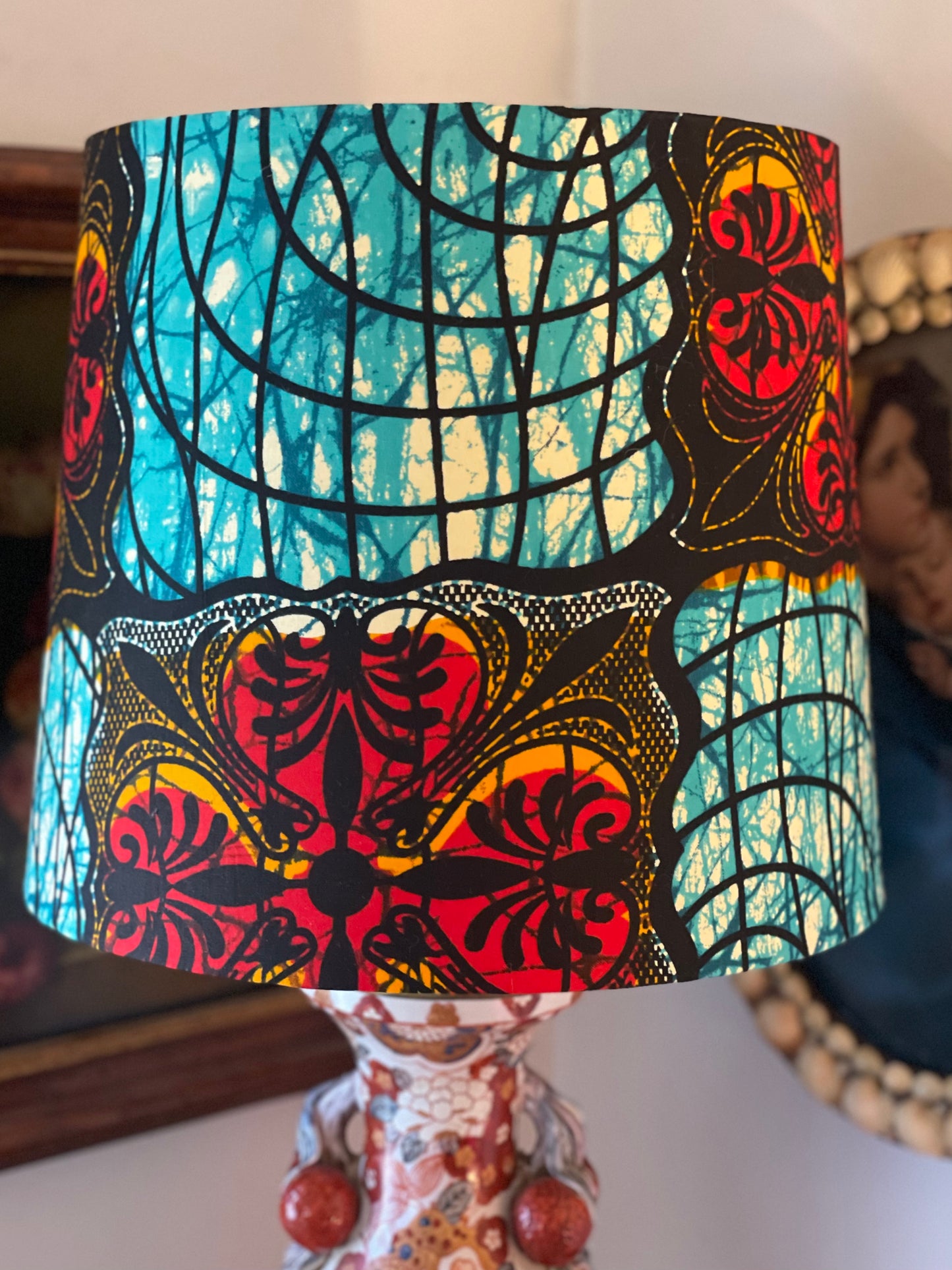 Large Empire Shade. 11.75 x 13.75 x 11.75. West African Ankara Fabric. Turquoise, Flame Orange, Licorice.
