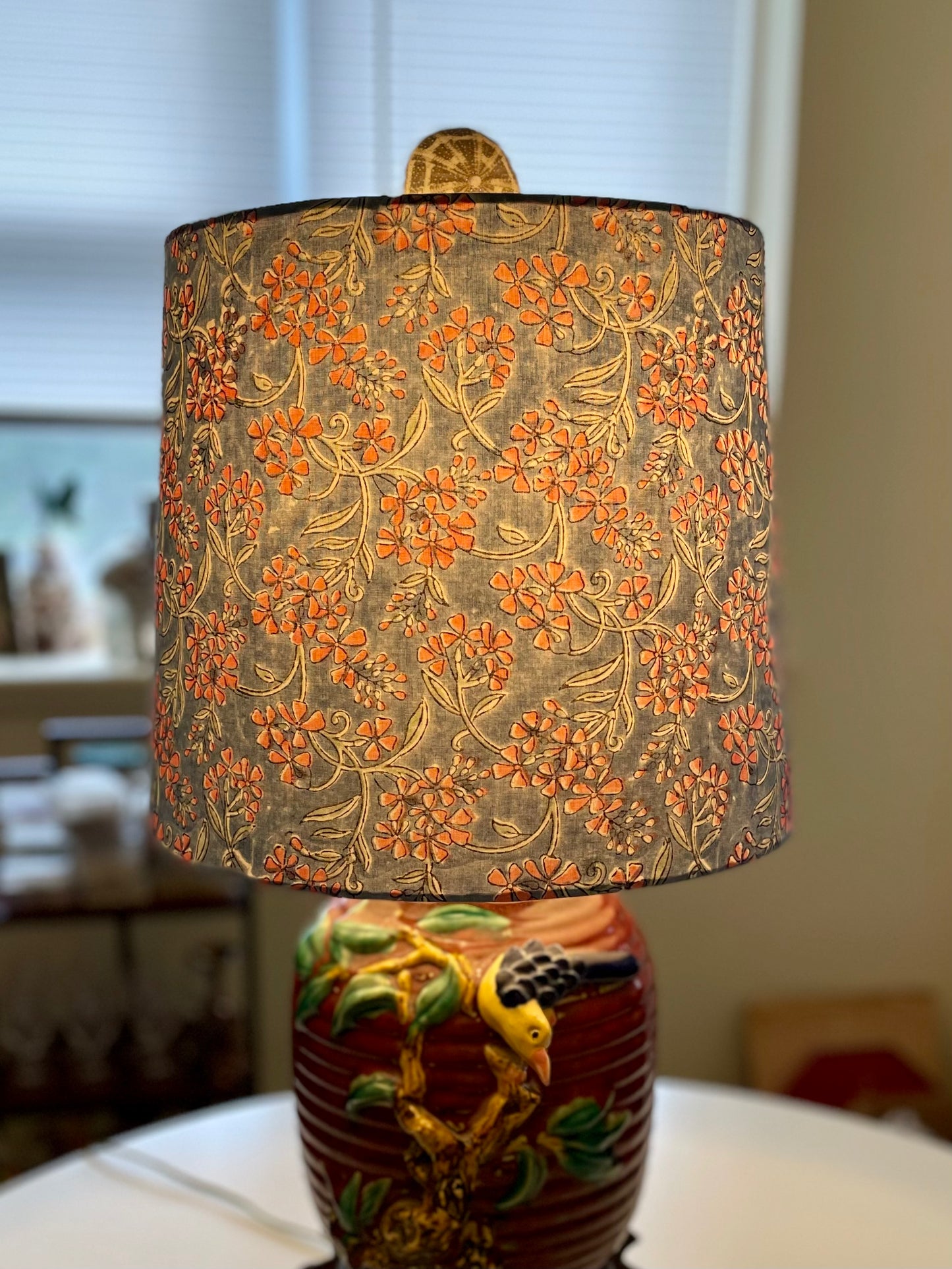 Large Empire Lampshade. 11.75 x 13.75 x 11.75. Indian Hand Block Print. Grayish-Blue with Salmon Pink Floral.