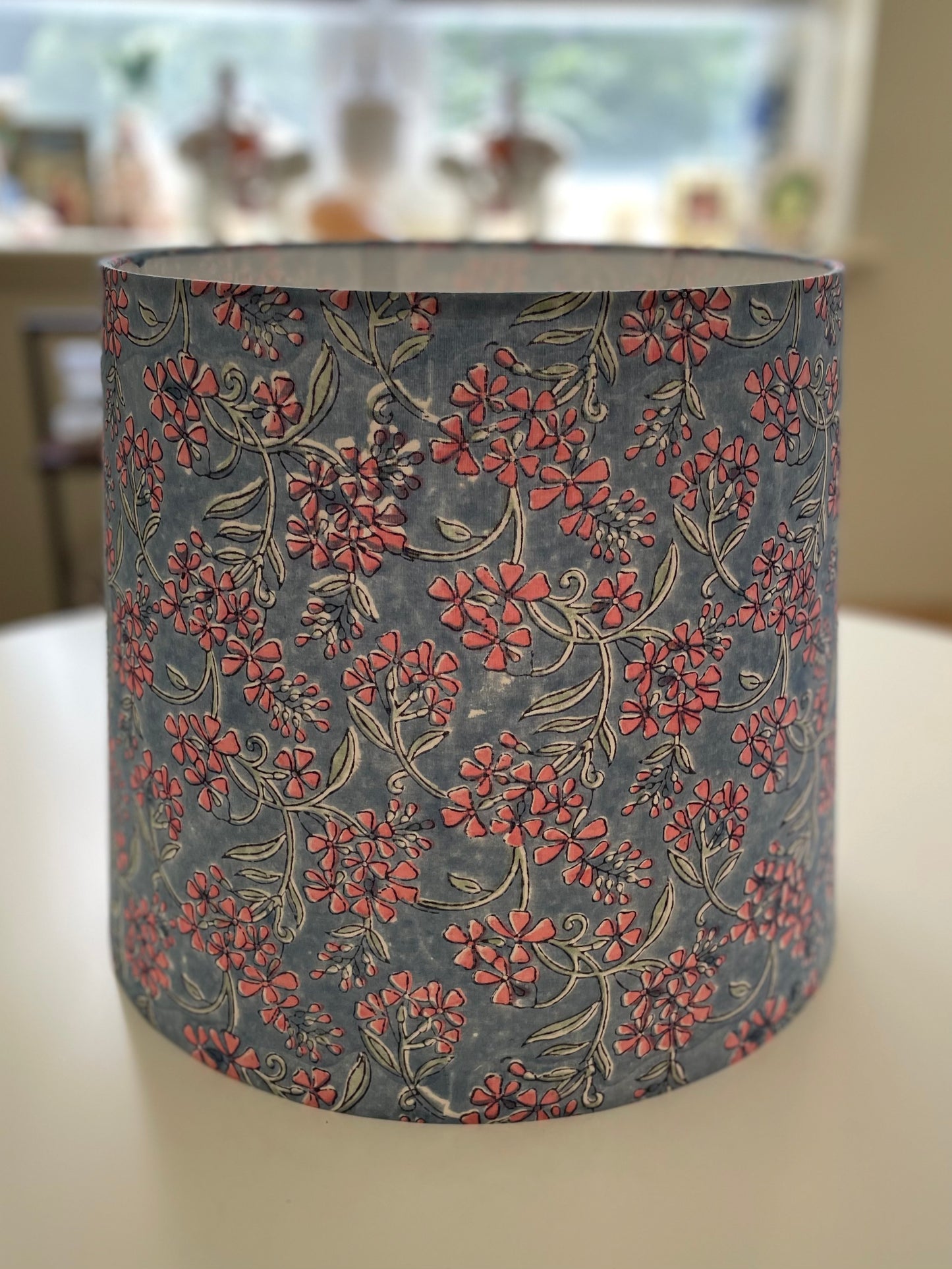 Large Empire Lampshade. 11.75 x 13.75 x 11.75. Indian Hand Block Print. Grayish-Blue with Salmon Pink Floral.