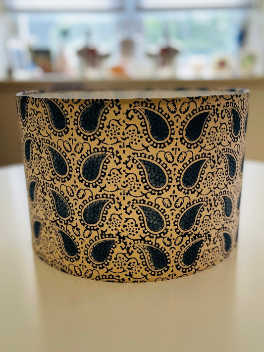 *SAMPLE SALE* 10 inch Drum Lampshade. Indian Block Print. Blue and Ecru Paisley.