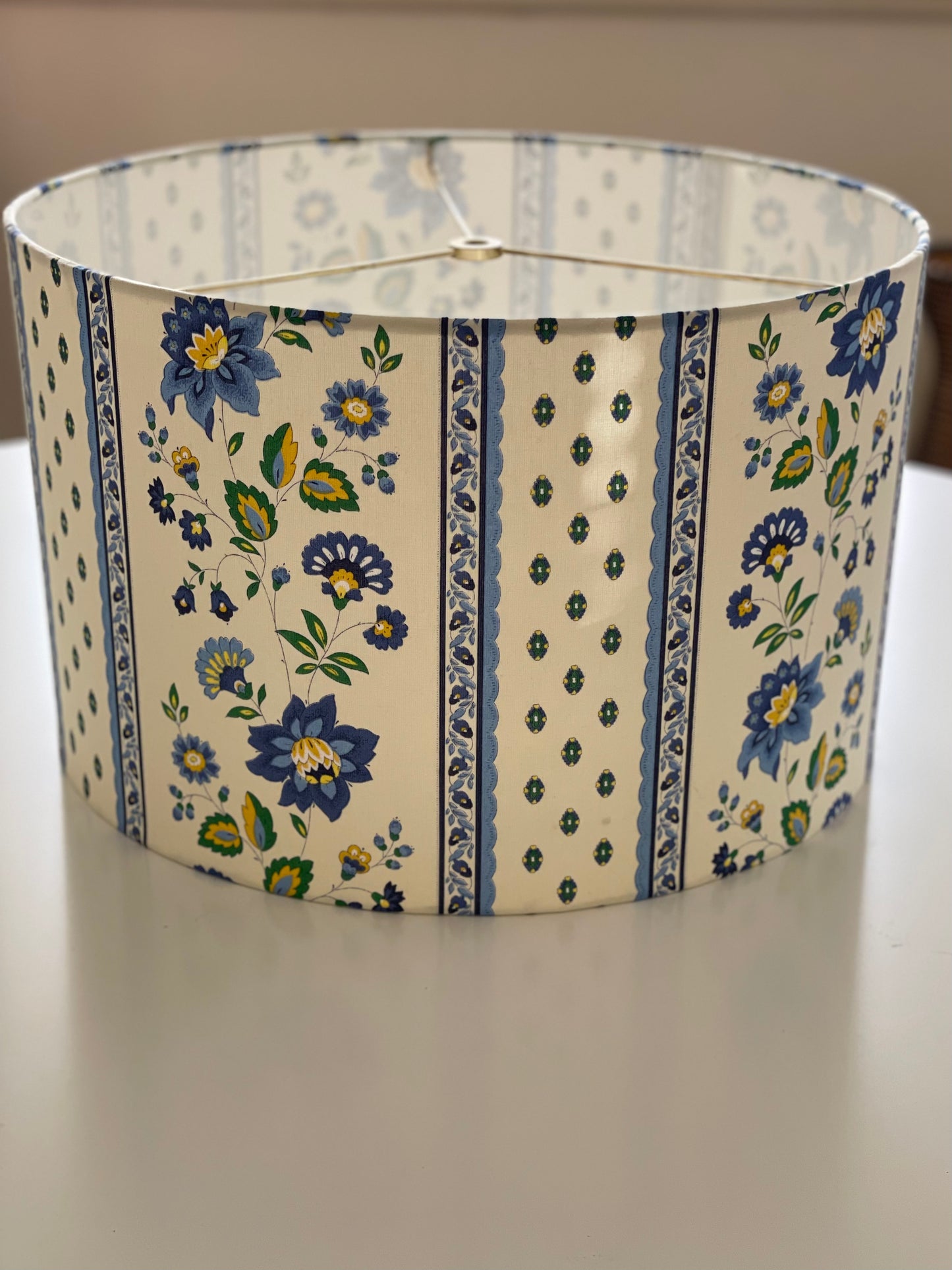 16 Inch Drum Lampshade. French Cotton Fabric. Blue Faience Floral Border.