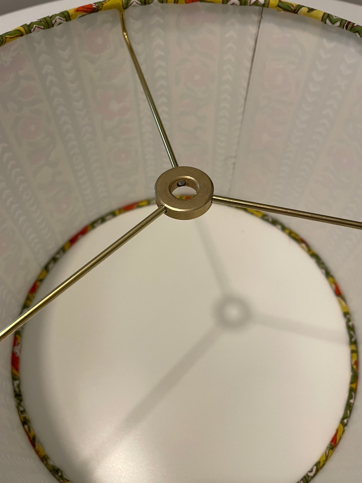 10 inch Drum Lampshade. Sanganeri Block Print from India. Citrine, Chinese Red, and Olive Floral Stripe.