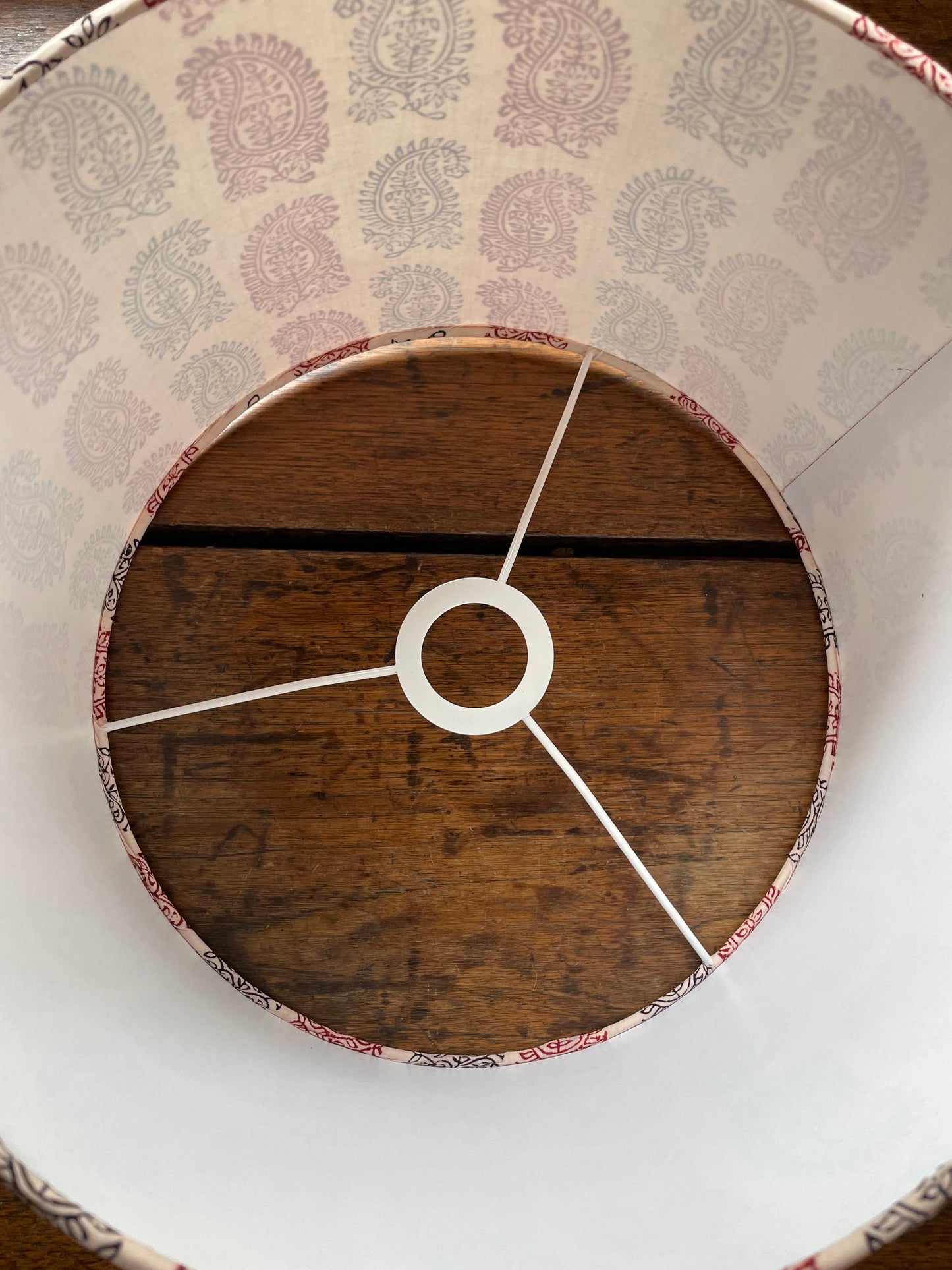 12 inch Drum Lampshade. Bagh Indian Hand Block. Bagh Indian Hand Block. Ecru with Maroon and Black Fancy Paisley Motif.