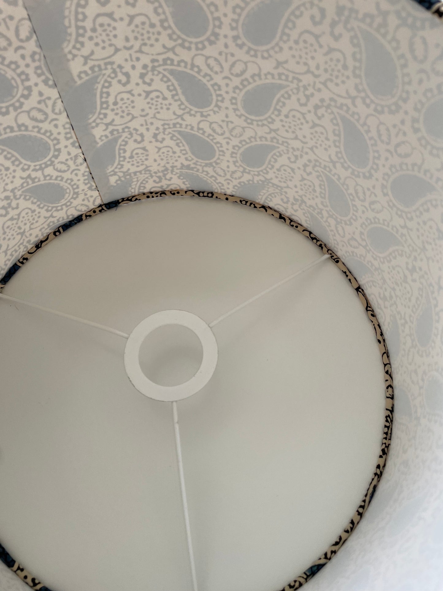 *SAMPLE SALE* 10 inch Drum Lampshade. Indian Block Print. Blue and Ecru Paisley.