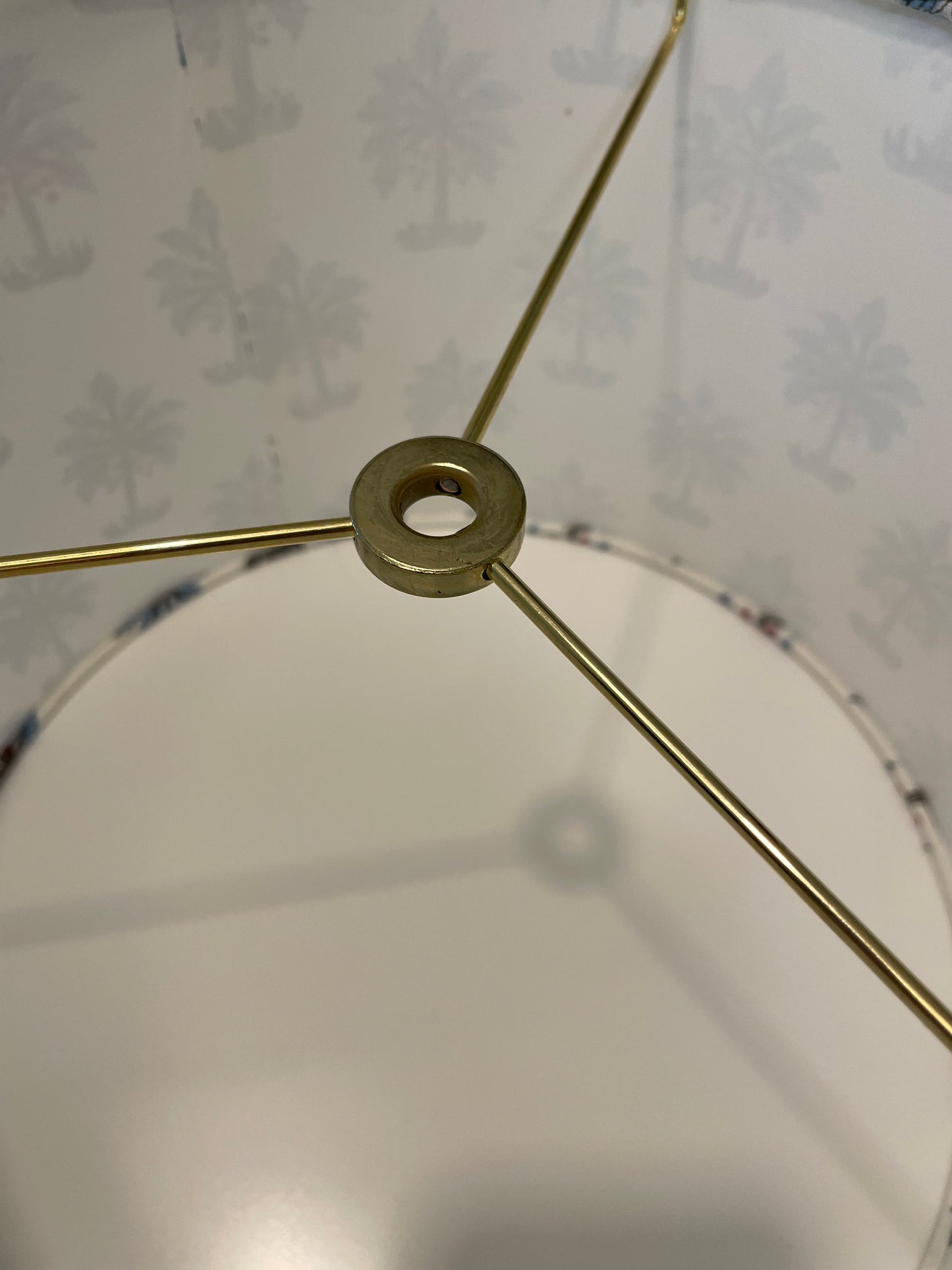 12 Inch Drum Shade. Indian Block print from Jaipur. Grey-Blue Tree with Red Fruit Motif on Eggshell White.