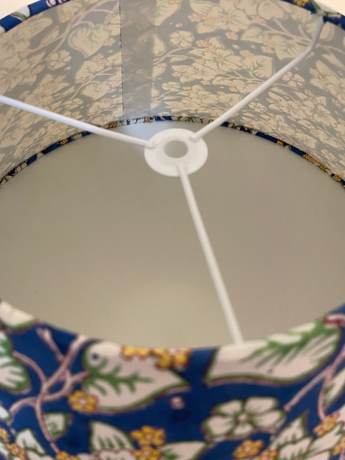 Large Conical Lampshade. Indian Hand Block Print. Cobalt, Banana Yellow, and Ivory Floral.