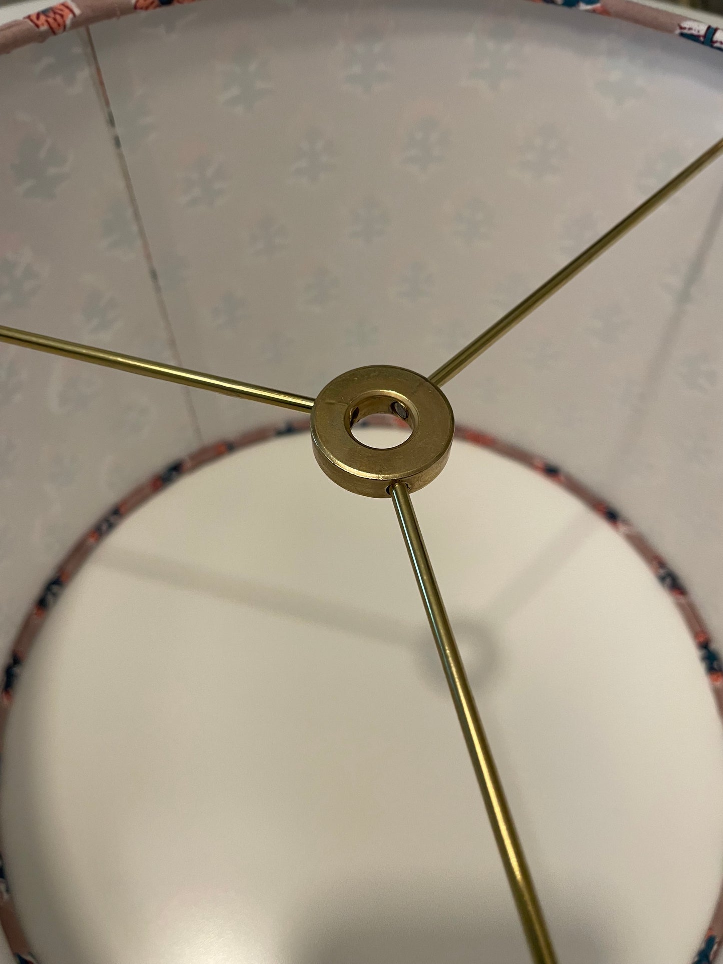 10 inch Drum Lampshade. Sanganeri Block Print from India. Salmon and Teal Floral on Khaki.