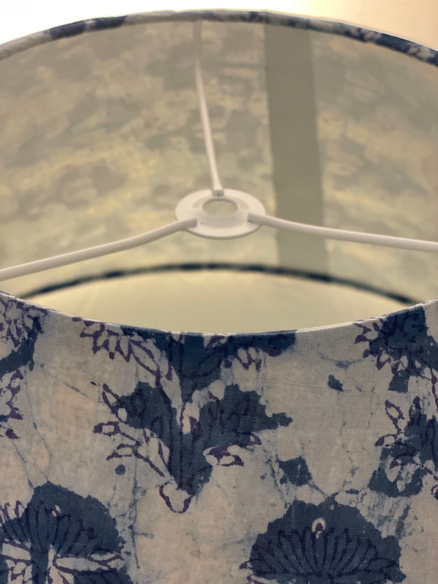Large Conical Lampshade. Indigo Hand Batik. Painterly Floral Blue and White.