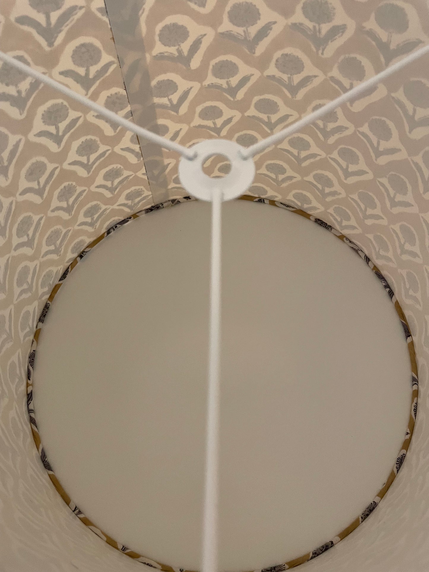 Large Empire Shade. 11.75 x 13.75 x 11.75. Indian Block print from Jaipur. Harvest Gold with Black and Gray Floral Motif.
