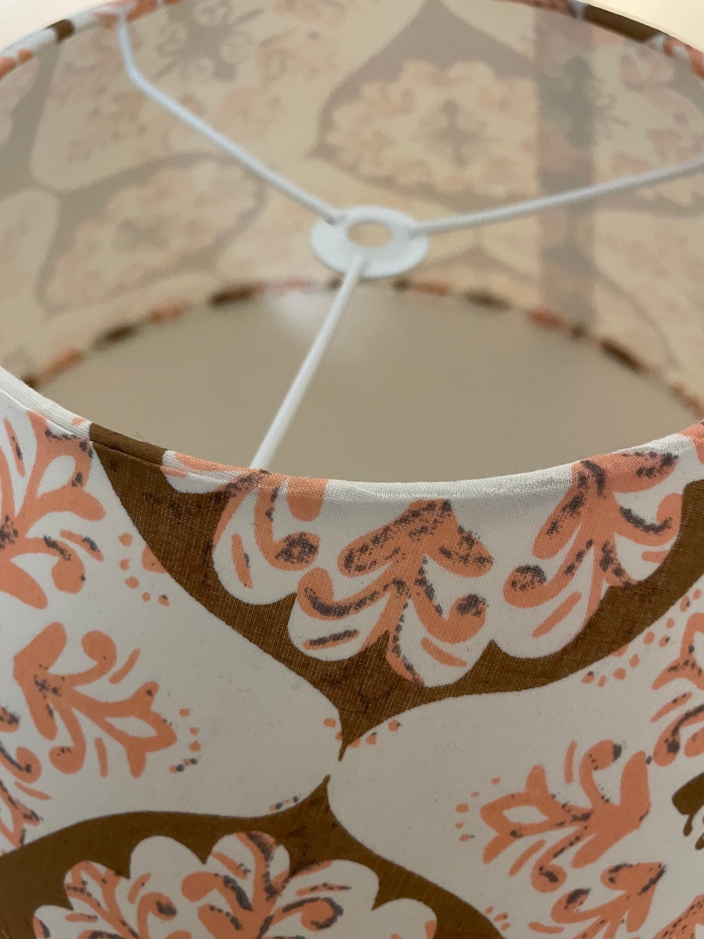 Large Conical Lampshade. Japanese Fabric. Coffee, Pale Salmon, and Bone Mod-Retro Pattern.