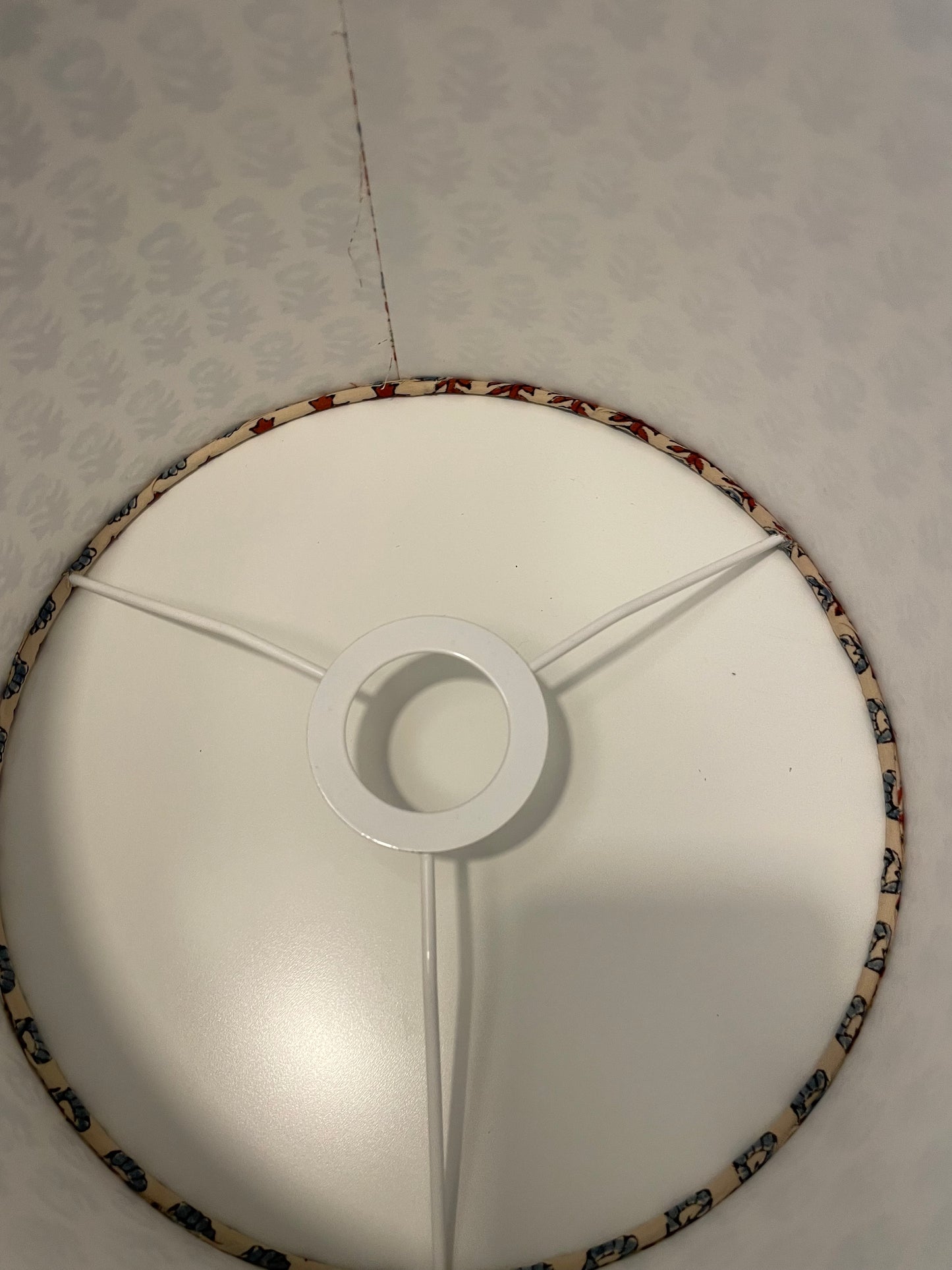 10 inch Drum Lampshade. Sanganeri Hand Block Print from India. Slate Blue and Deep Scarlet Floral on Ivory.