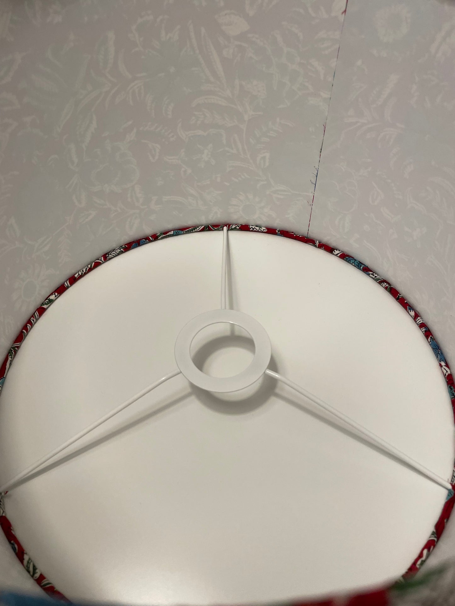 12 Inch Drum Shade. Sanganeri Hand Block Print from India. Crimson Red with Turquoise and Blue Floral Motif.