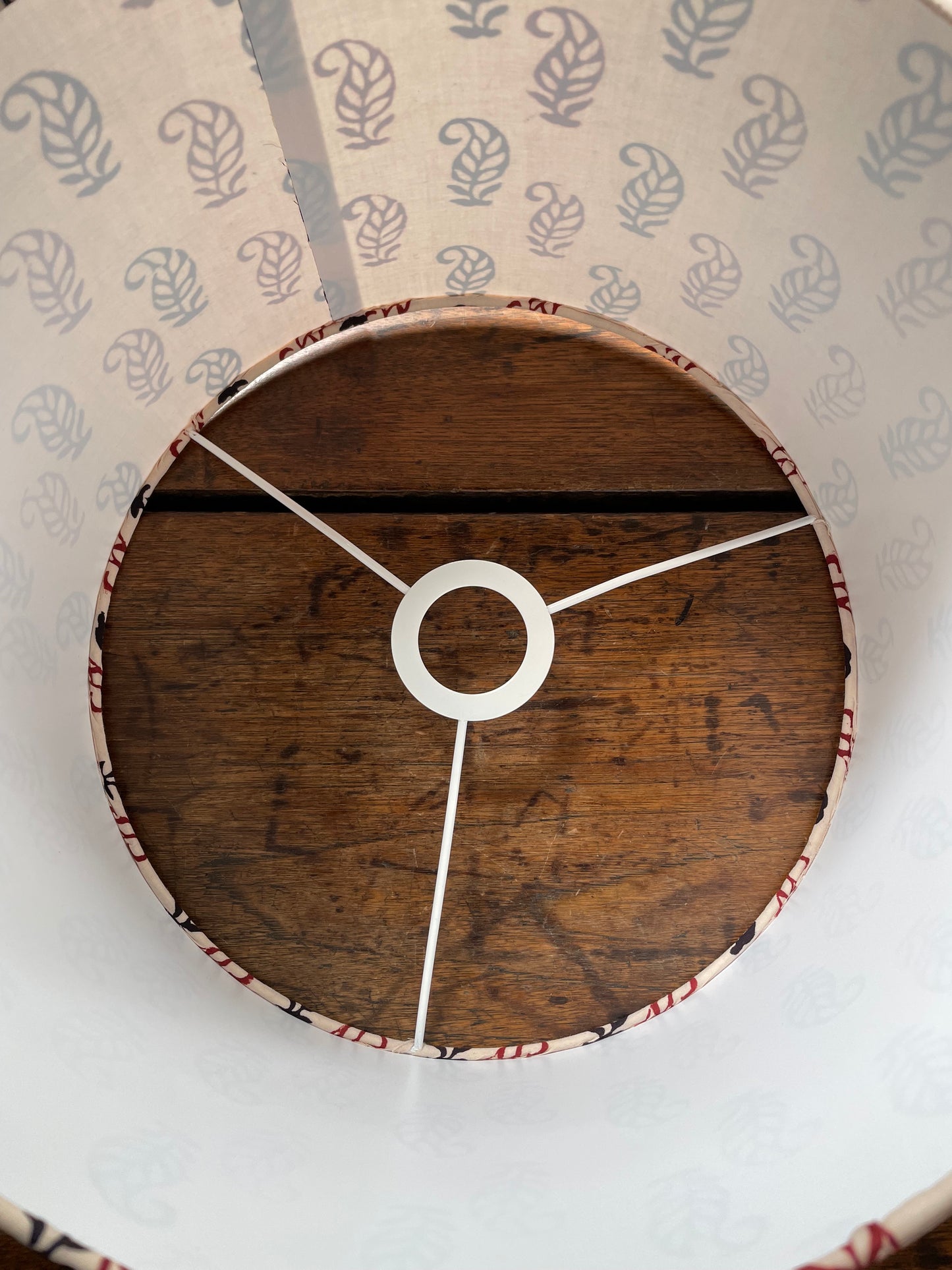 12 inch Drum Lampshade. Bagh Indian Hand Block. Ecru with Maroon and Black Buta Motif.