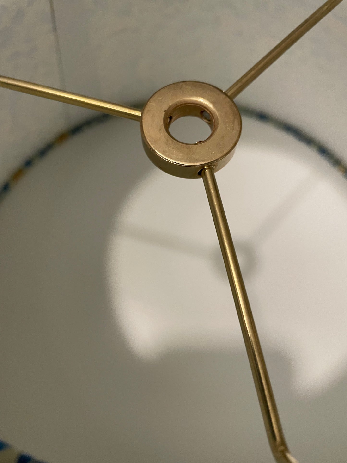 Small Conical Lampshade. Japanese Poplin. Ochre, Sepia, and Blue Leaf and Bud Motif on Ecru.