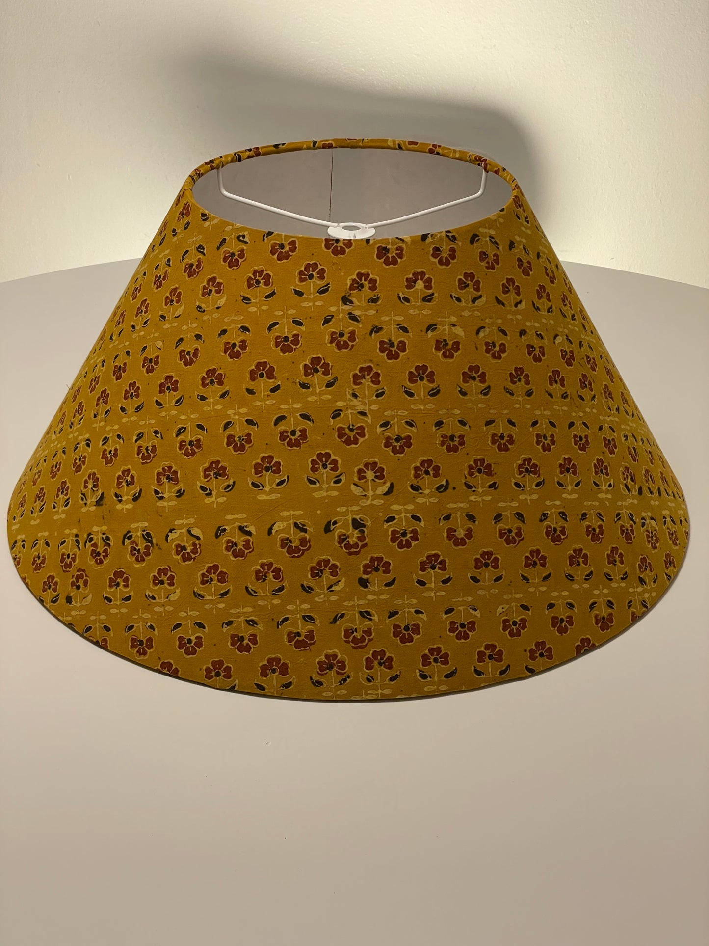 Large Conical Lampshade. Turmeric Dyed Ajrak Hand Block Print. Turmeric with Saddle Brown and Black Floral Motif.