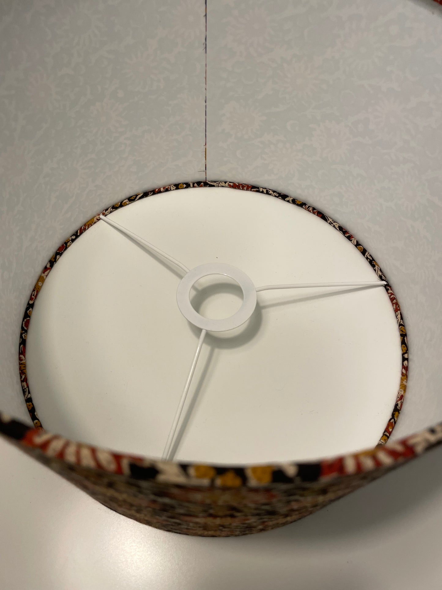 12 Inch Drum Lampshade. Hand Kalamkari Block from India. Smoky Black with Shades of Amber, Coffee, and Sepia.