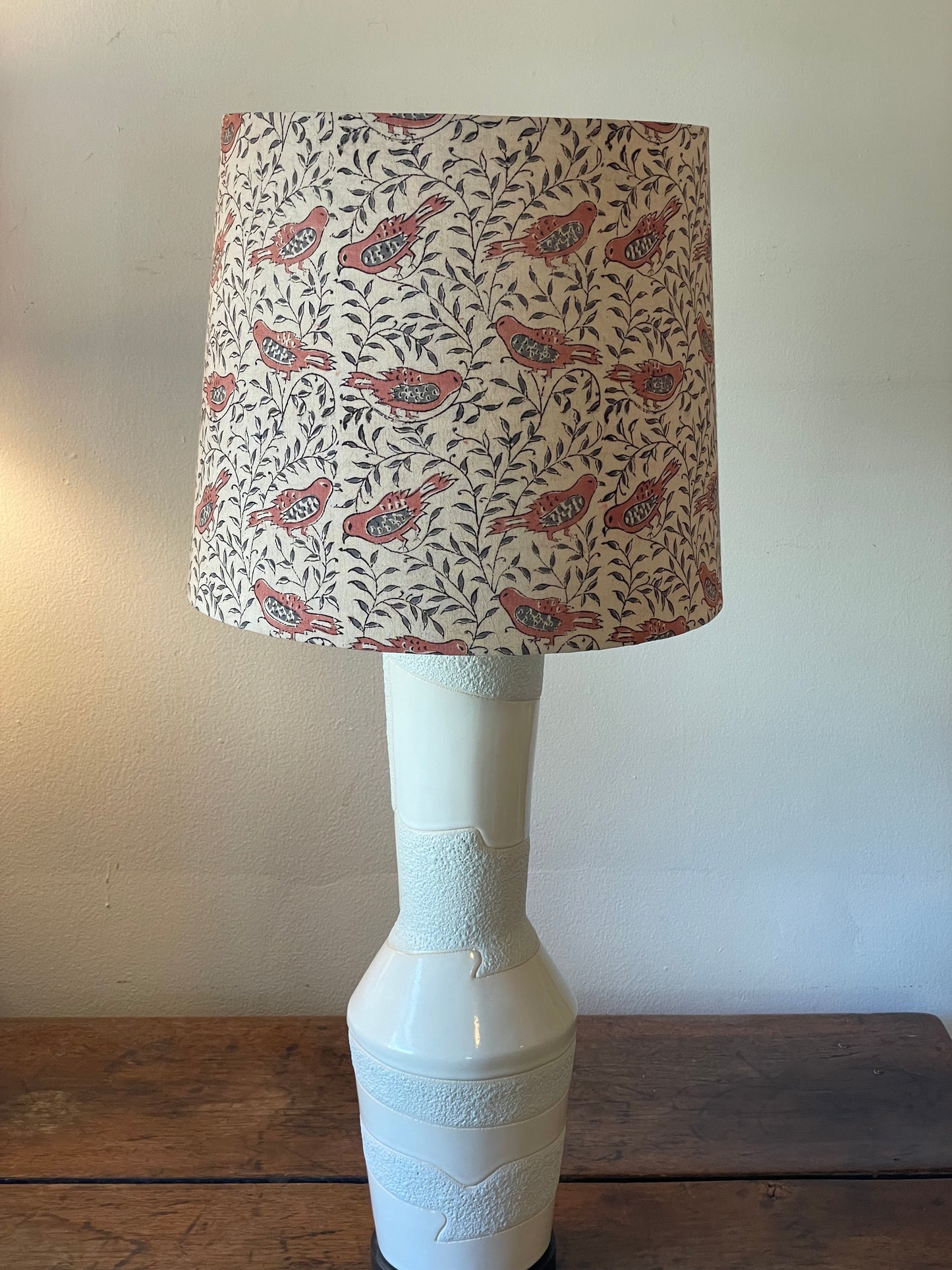 Large Empire Shade. 11.75 x 13.75 x 11.75. Parchment, with Light Tuscan Red and Greyish-Green Bird Motif. Kalamkari Hand Block Print.