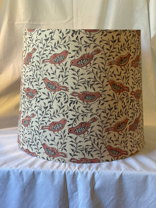 Large Empire Shade. 11.75 x 13.75 x 11.75. Parchment, with Light Tuscan Red and Greyish-Green Bird Motif. Kalamkari Hand Block Print.